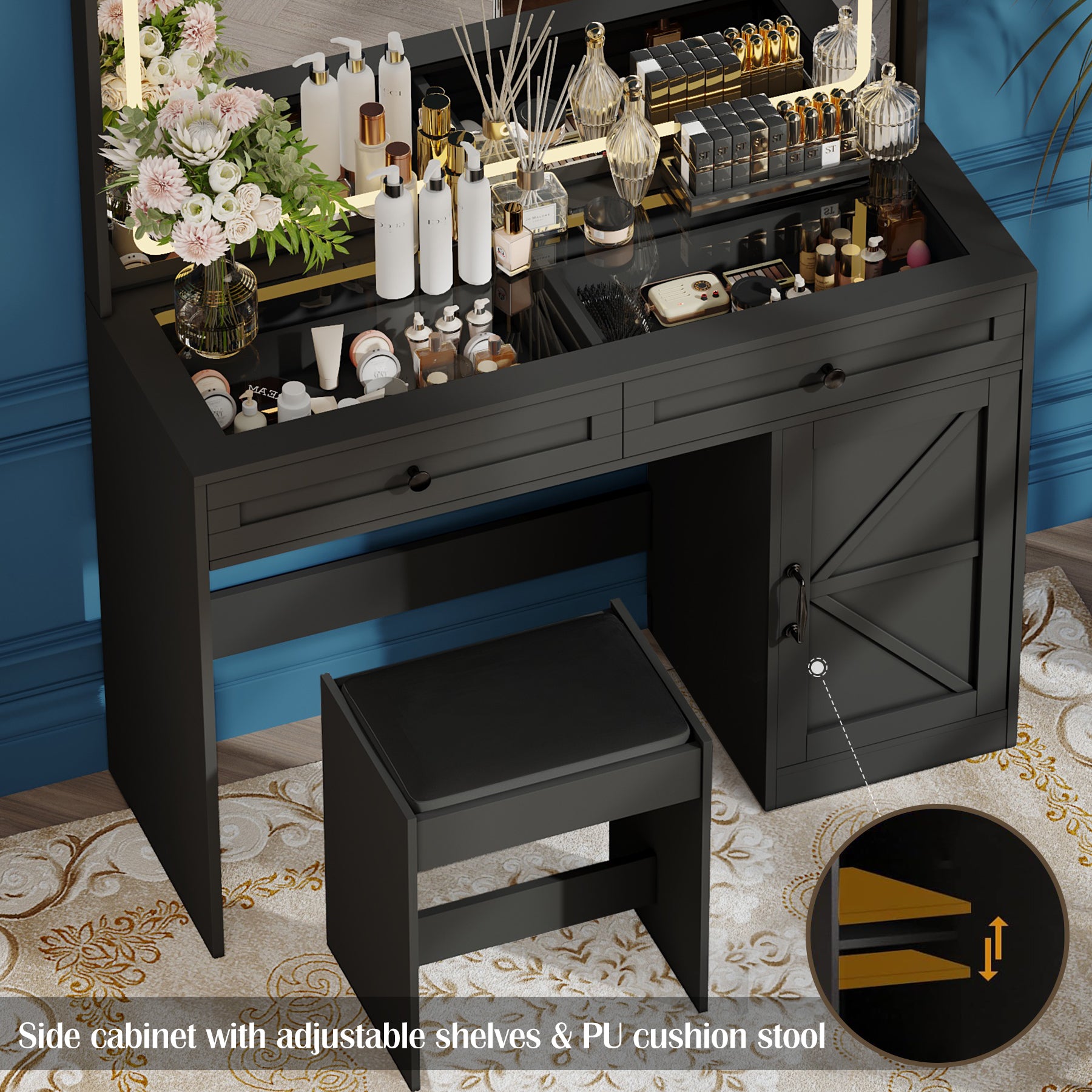 43.3"Makeup Vanity Table, Makeup Table With Large Mirror And Led Light Strip, Brightness Adjustable, Dressing Table Desk With 3 Drawers, Vanity Desk For Women Black With Stool Black Particle Board