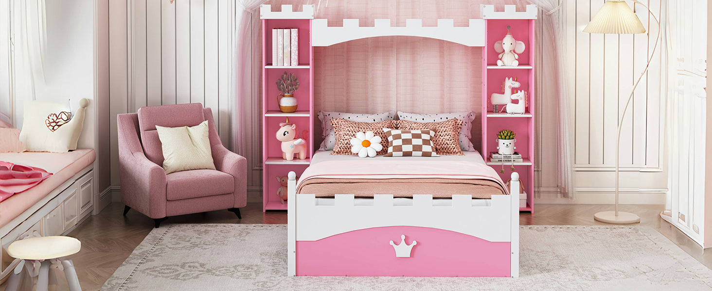 Castle Shaped Wooden Bed With Storage Shelf, Dreamy Twin Size Platform Bed For Kids Bedroom, Pink White Expected Arrival Time:8.14 Twin Pink White Wood