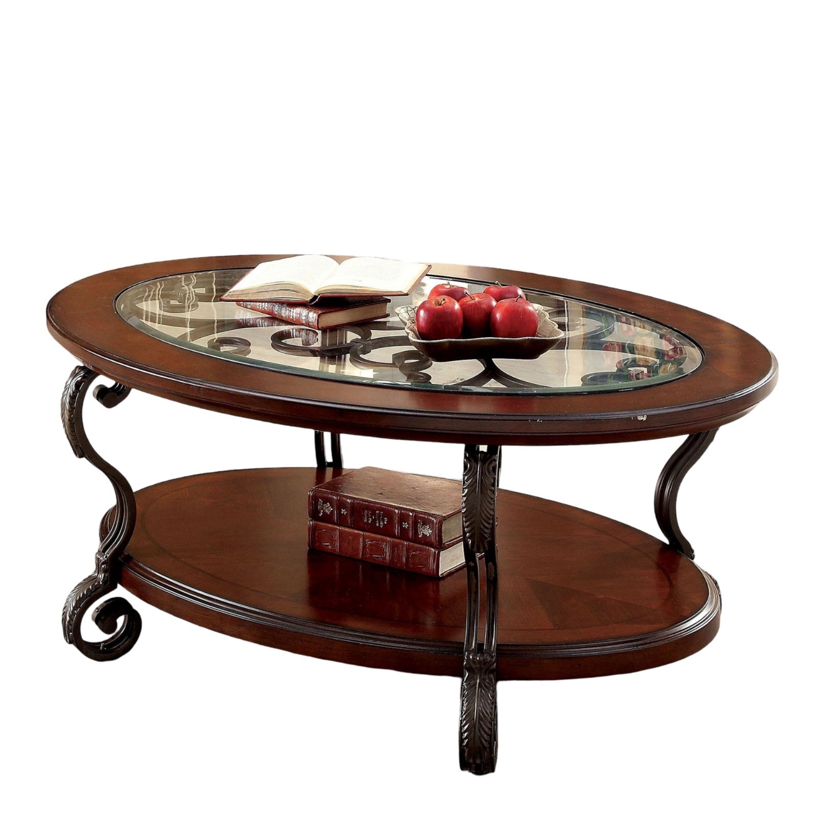 Traditional Style Brown Cherry 1Pc Coffee Table Open Bottom Shelf Ornate Design Glass Top Living Room Furniture Brown Multi Brown Primary Living Space Classic,Contemporary,Ornate Traditional,Traditional Open Storage Oval Coffee & End Tables Solid Wood