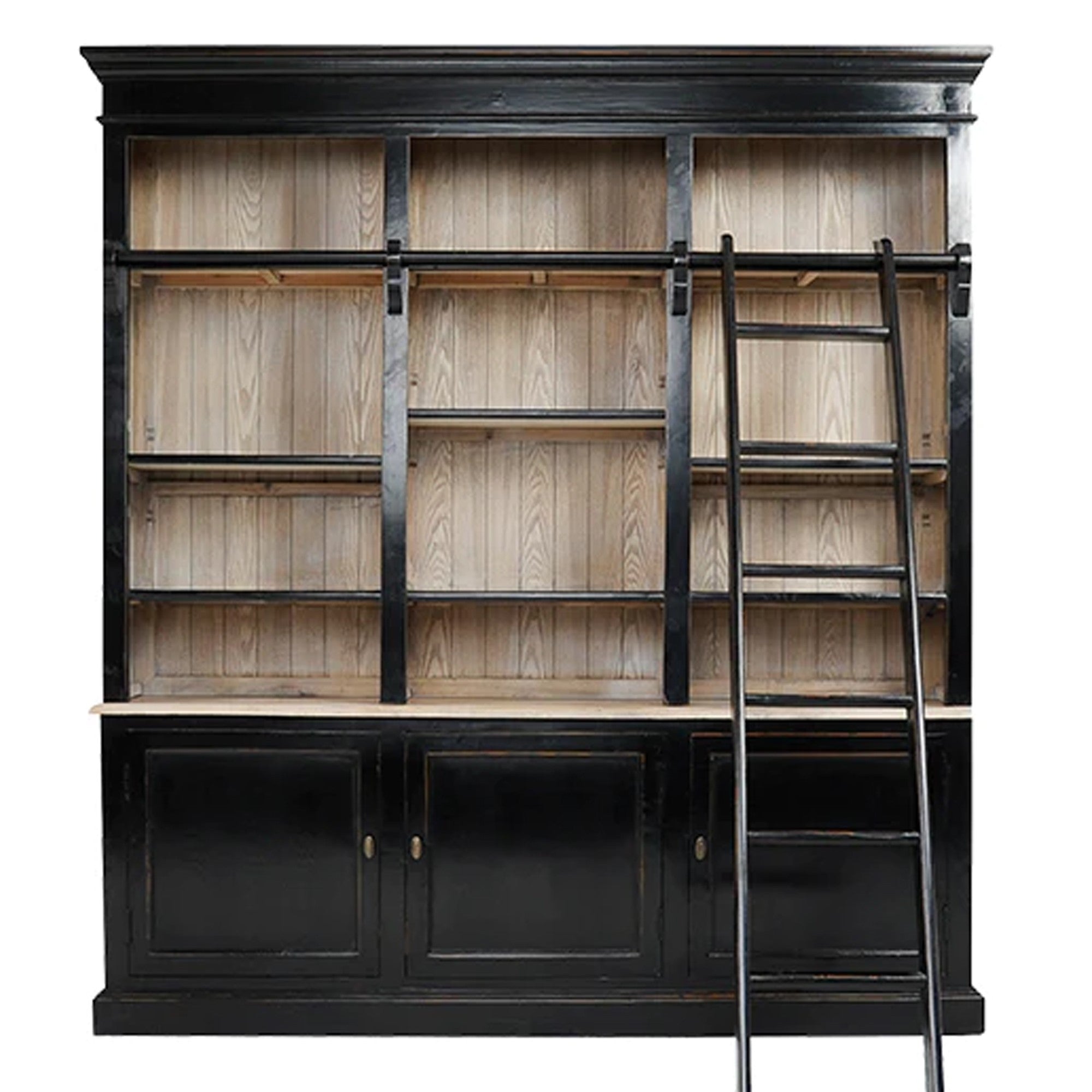 89 Inch Bookcase With Sliding Ladder, 3 Doors, 4 Adjustable Shelves, Black Black Gold Wood Metal