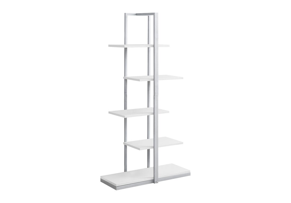 Bookshelf, Bookcase, Etagere, 5 Tier, 60"H, Office, Bedroom, White Laminate, Grey Metal, Contemporary, Modern White Mdf