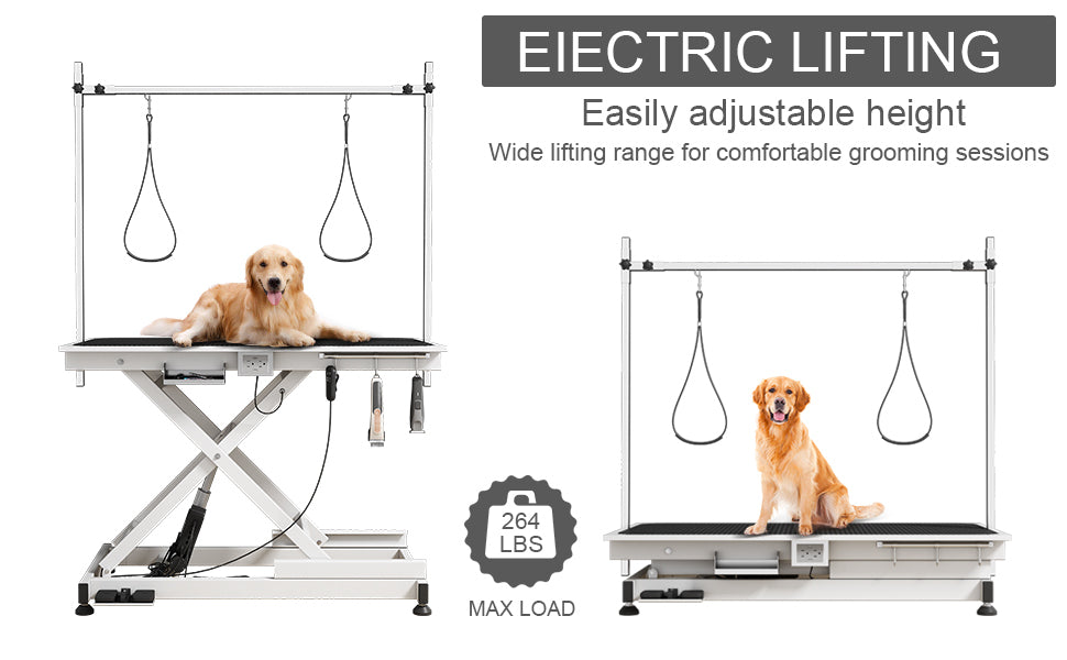 Super Deluxe Electric Pet Grooming Table, 110V 220V Professional Groomer Recommend Height Adjust From 8 Up To 36Inch Black White Carbon Steel