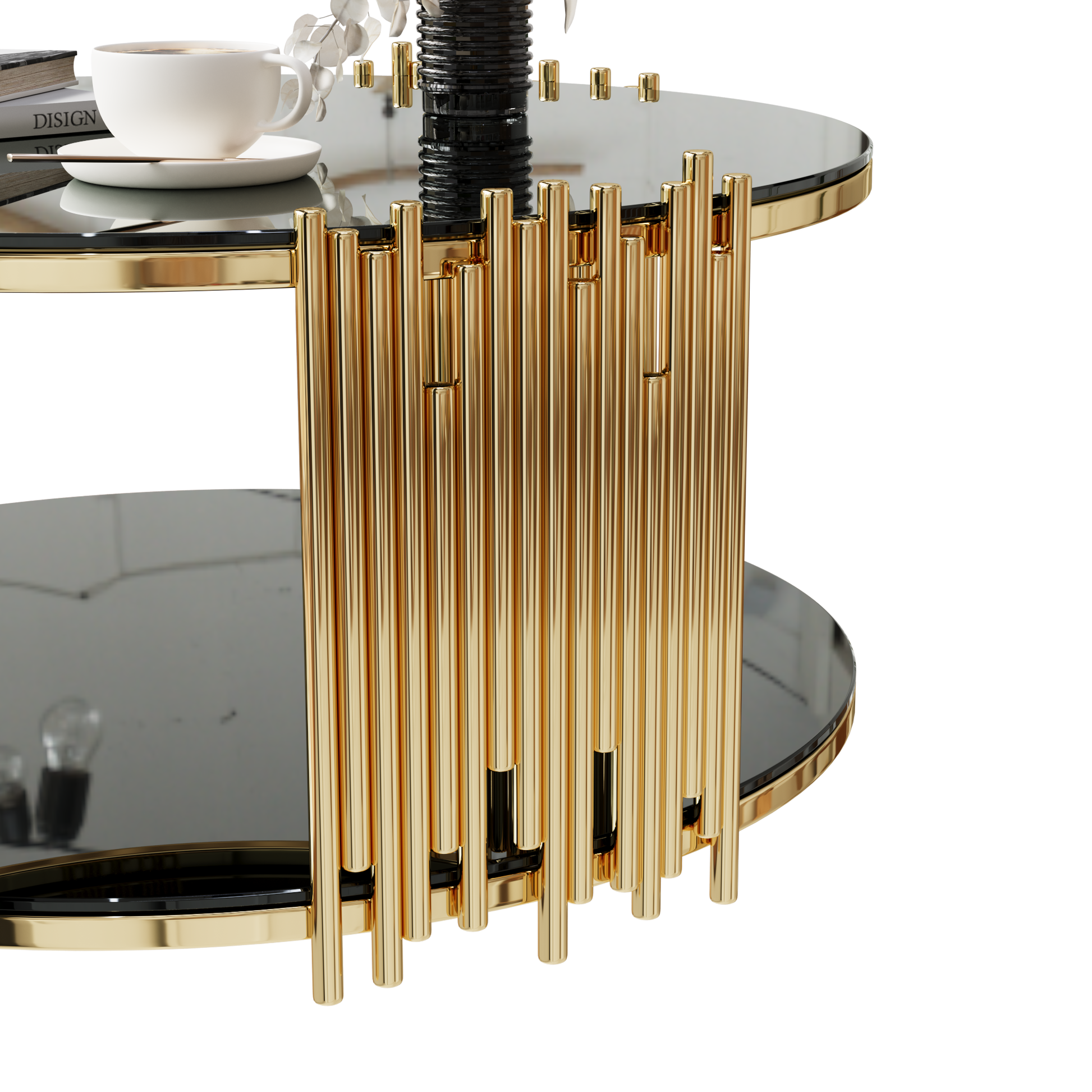 Modern Minimalist Light Luxury Style Stainless Steel Circular Coffee Table, Black Tempered Glass Countertop, Living Room Coffee Table Black Glass,Stainless Steel