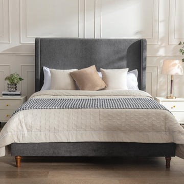 Same As B083P152031 Harper Tall Headboard Upholstered Bed 54" High Headboard Elegant Simplicity No Box Spring Needed Easy Assembly Queen Dark Gray Velvet Box Spring Not Required Queen Dark Gray Metal Brown Bedroom Contemporary Oak Bed Frame Foam Velvet