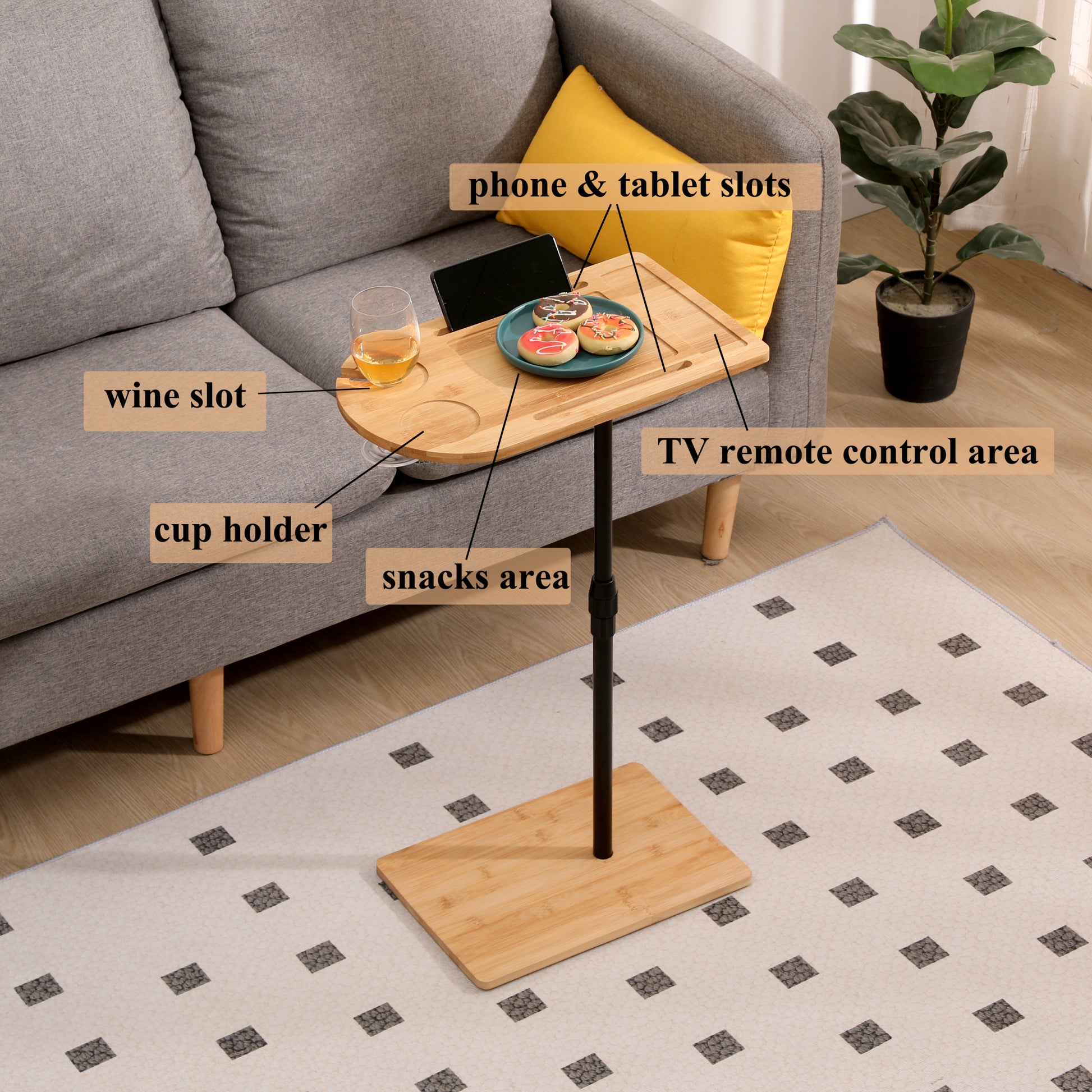 Couch Tray Table Bamboo Height Adjustable Side Table For Sofa C Shaped Oval End Tables With Slots For Bed & Chairs In Living Room & Bedroom Oval Rectangle Natural Height Adjustable & Standing Desks Primary Living Space Farmhouse Manual Freestanding Oval
