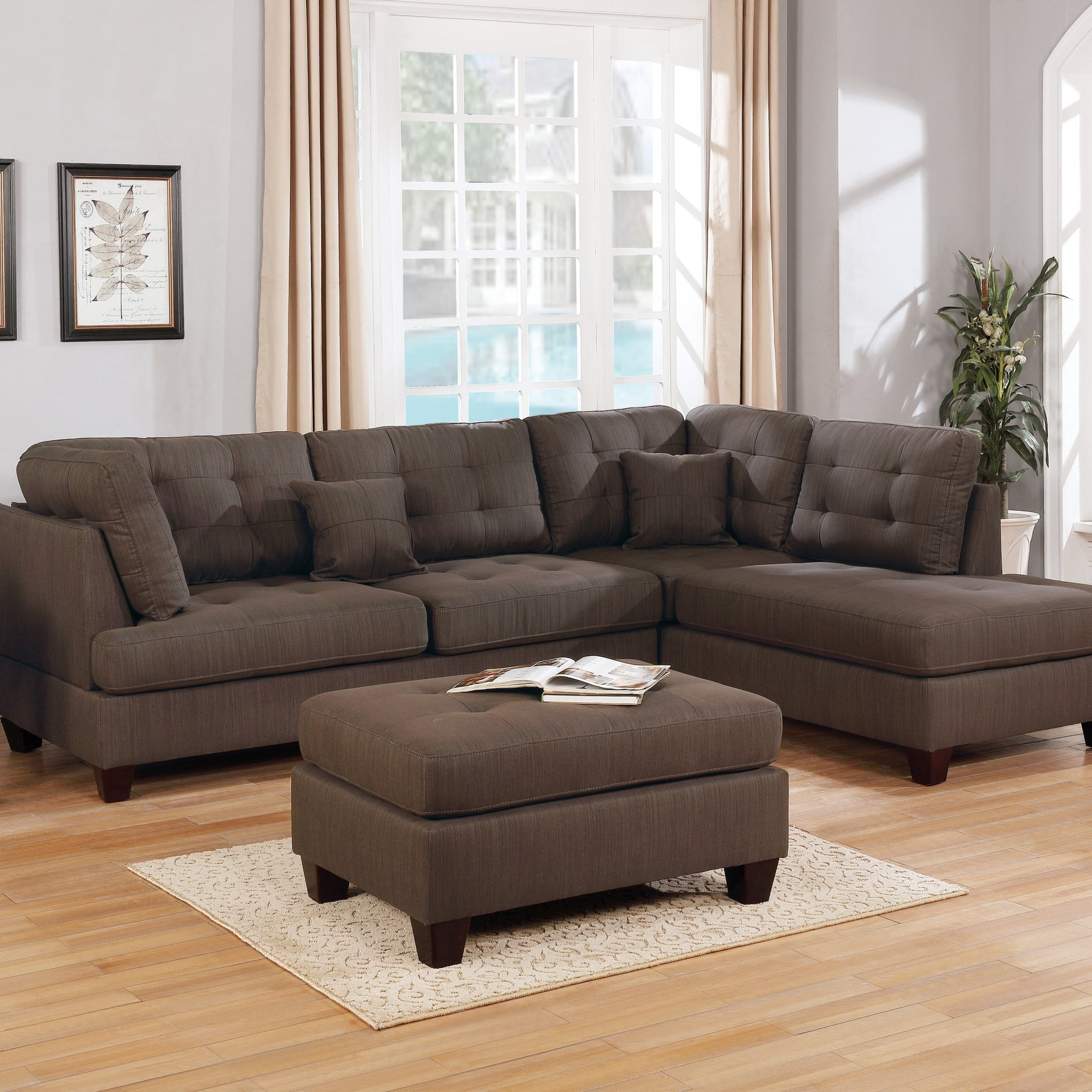 Modern 3Pc Sectional Sofa Set Reversible Chaise Sofa Ottoman Black Coffee Polyfiber Linen Like Fabric Living Room Furniture Couch Black Brown Wood Primary Living Space Tufted Back Contemporary,Modern L Shaped Particle Board 5 Seat