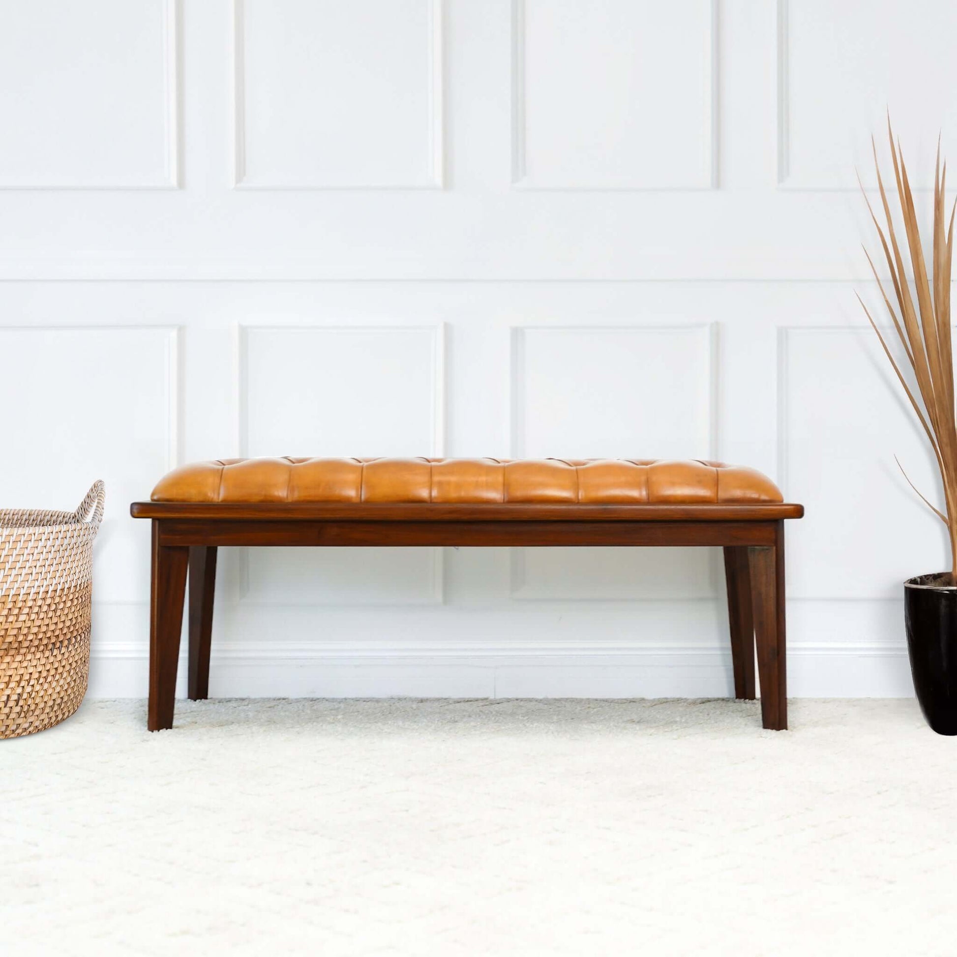 Arden Tan Leather Bench With Buttons Brown,Rustic,Tan,Wood Brown Genuine Leather Brown Mid Century Modern Foam Genuine Leather,Solid Wood