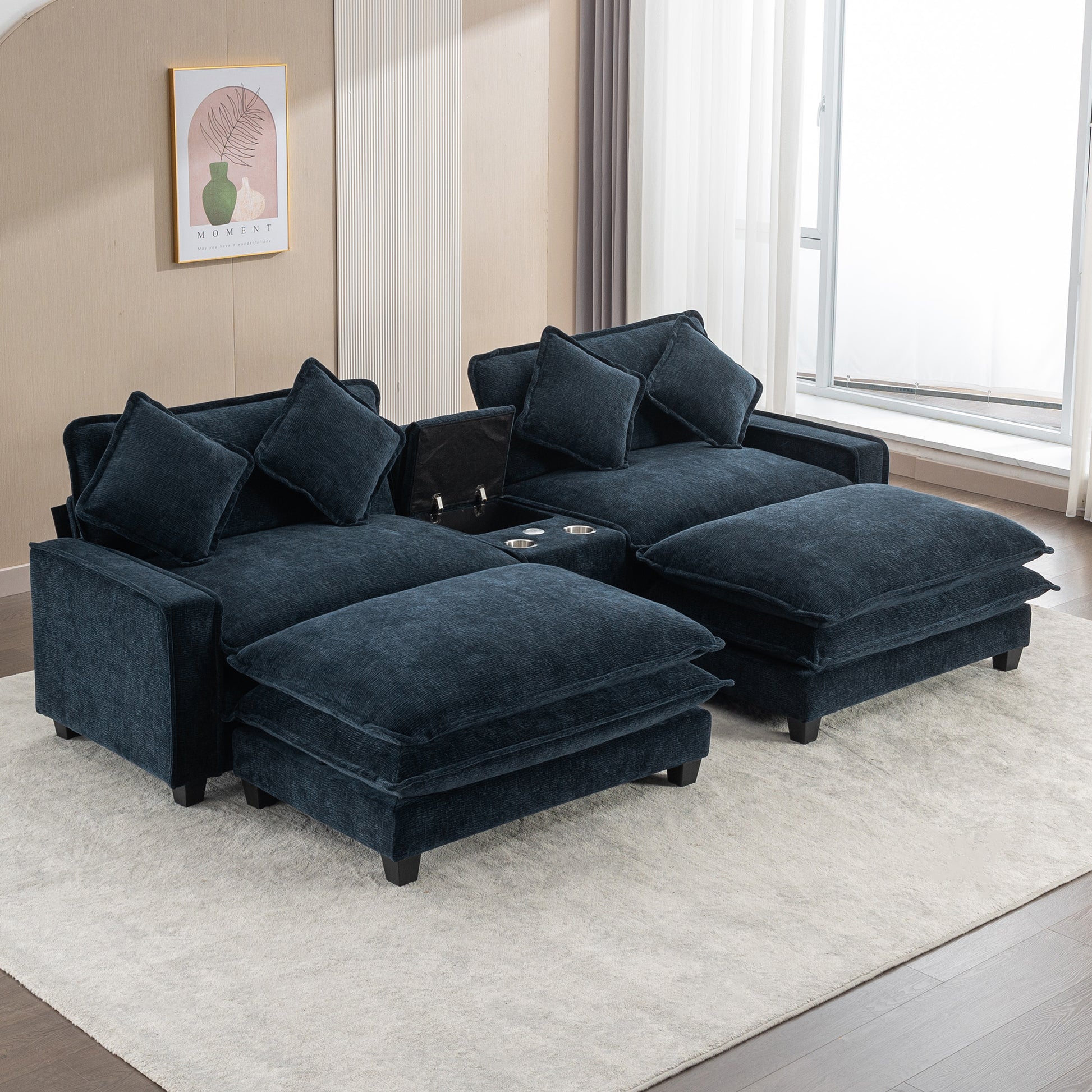 112.6" Sectional Sofa Chenille Upholstered Sofa With Two Removable Ottoman, Two Usb Ports, Two Cup Holders And Large Storage Box For Living Room, Blue Blue Foam Chenille 2 Seat