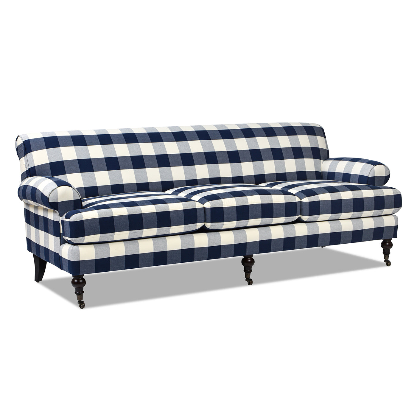 Alana Lawson Three Cushion Tightback Sofa, Blue Lattice Woven Blue Plaid Foam Fabric 3 Seat