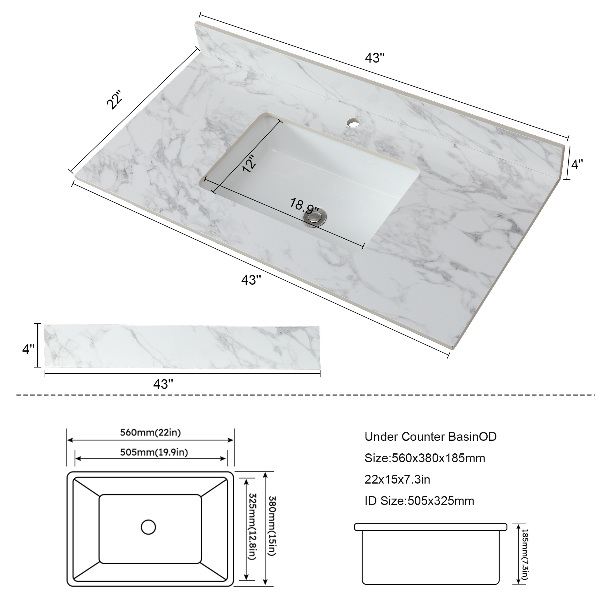 43"X22"Bathroom Vanity Top,Sintered Stone Carra White Barthroom Vanity Sink Tops With Rectangular Undermount Ceramic Sink With Vanity Backsplash, Singe Faucet Hole Bathroom Vanity Countertop White