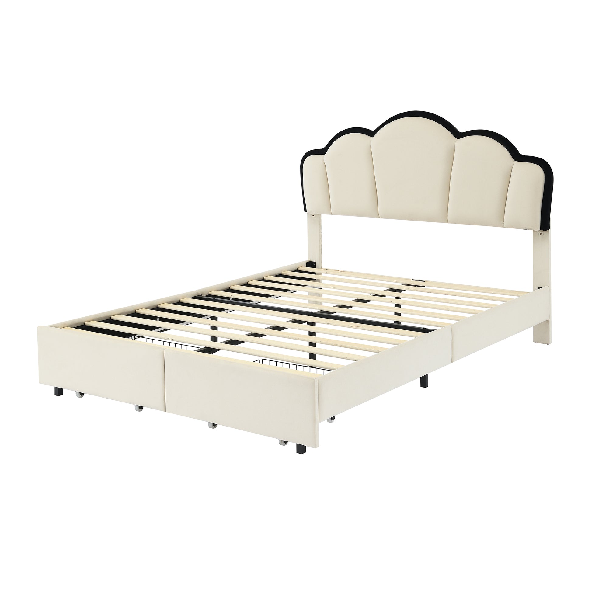 Full Size Upholstered Princess Platform Bed With Led And 2 Storage Drawers, Beige Box Spring Not Required Full Beige Wood Bathroom Bed Frame Velvet Upholstered