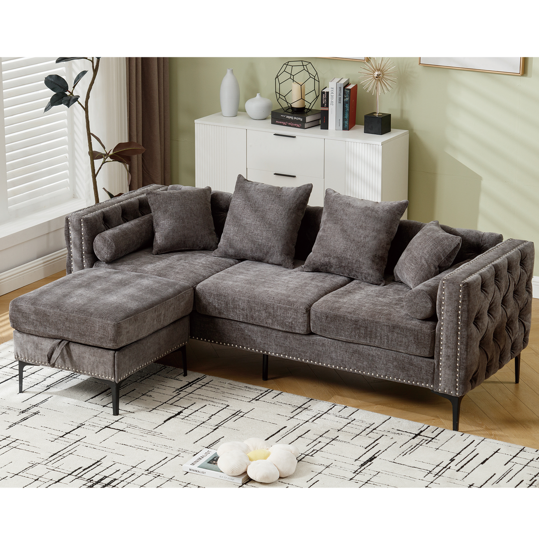 Arrived L Shaped Sectional Sofaconvertible Storage Ottoman,Chenille ,Square Arm, Modern Tufted Couch ,3 Seater, And Nailhead, Dark Gray Dark Gray Polyester Wood Primary Living Space Medium Soft Tufted Back Modern Square Arms Metal & Wood 4 Seat