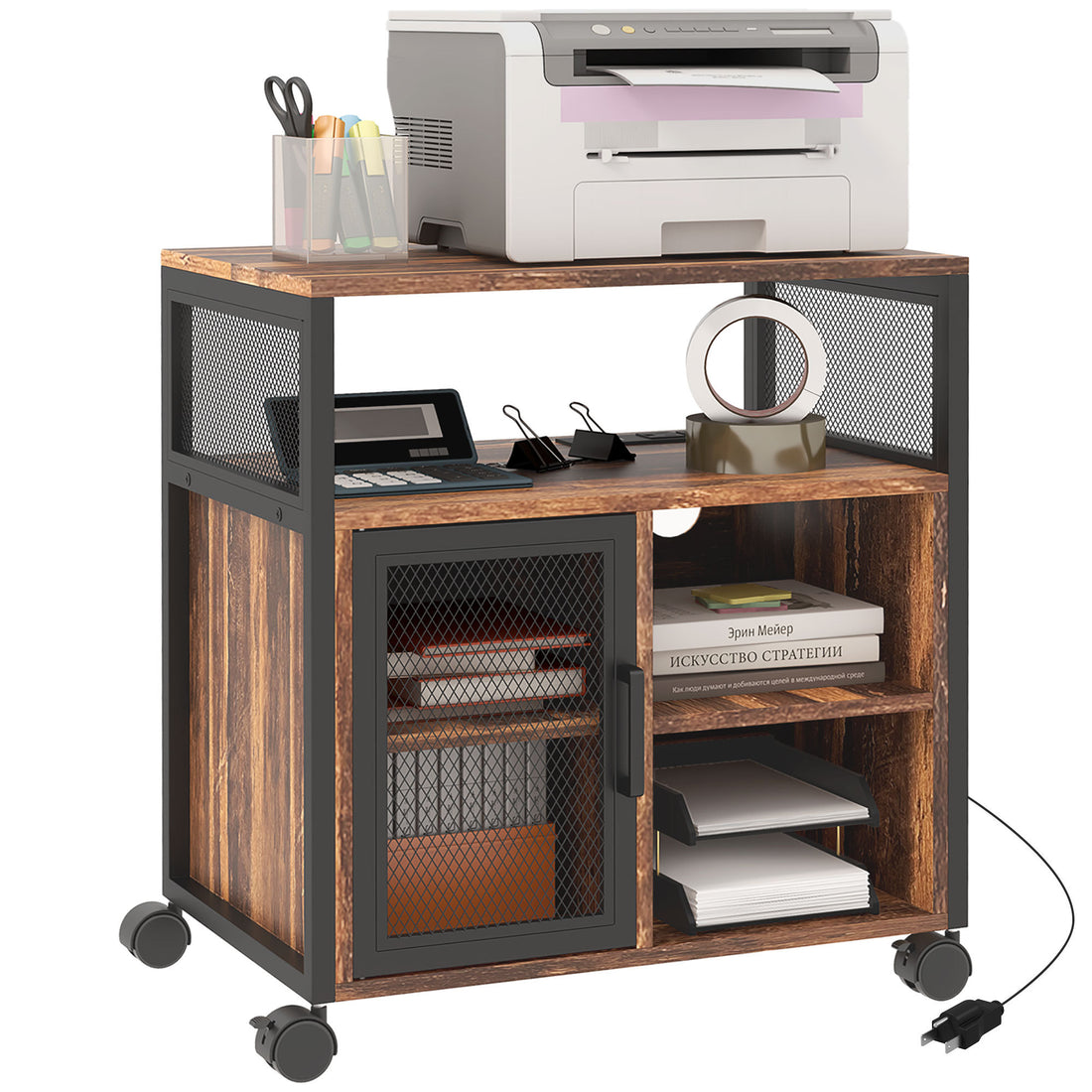 Vinsetto Mobile Printer Stand With Socket & Usb Ports, Rustic Brown Rustic Brown Particle Board