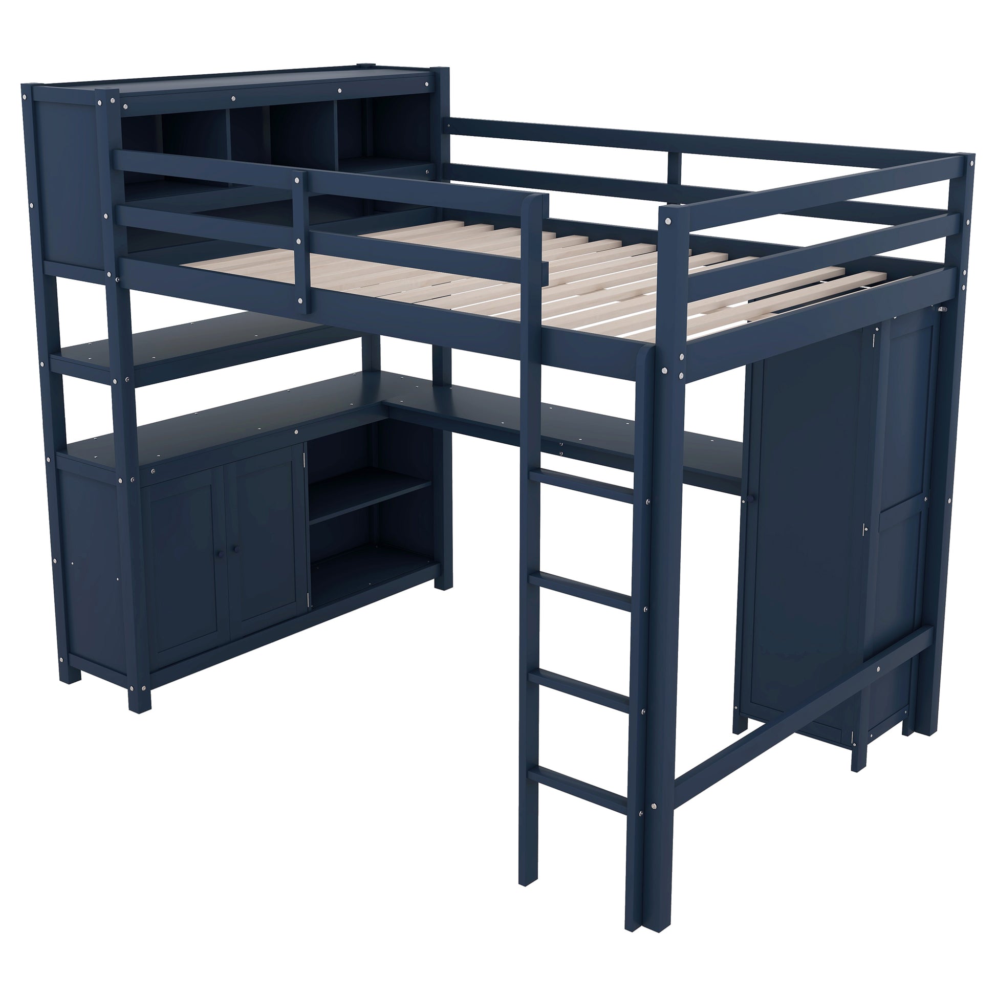 Wood Loft Bed With Cabinet And Bookshelf, Full Size Loft With Wardrobe And Desk For Kids,Dark Blue Expect Arrival Date 2024 8 25 Full Dark Blue Pine