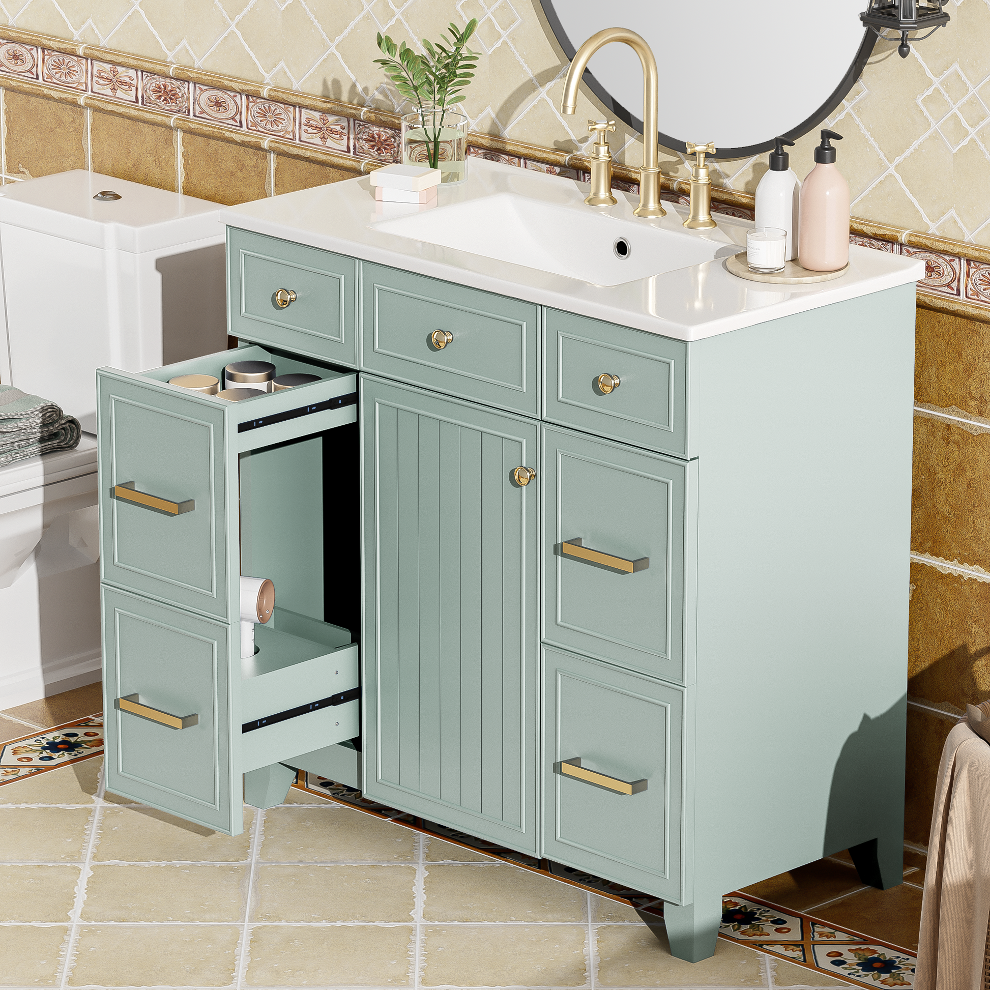 36" Bathroom Vanity With Ceramic Sink, Green, Solid Wood Frame, Soft Close Doors, Adjustable Shelves, 3 Drawers ,Including Double Depth Drawer For Hairdryer Storage Old Sku:Sv000003Aag 1 Green