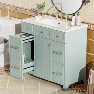36" Bathroom Vanity With Ceramic Sink, Green, Solid Wood Frame, Soft Close Doors, Adjustable Shelves, 3 Drawers ,Including Double Depth Drawer For Hairdryer Storage Old Sku:Sv000003Aag 1 Green