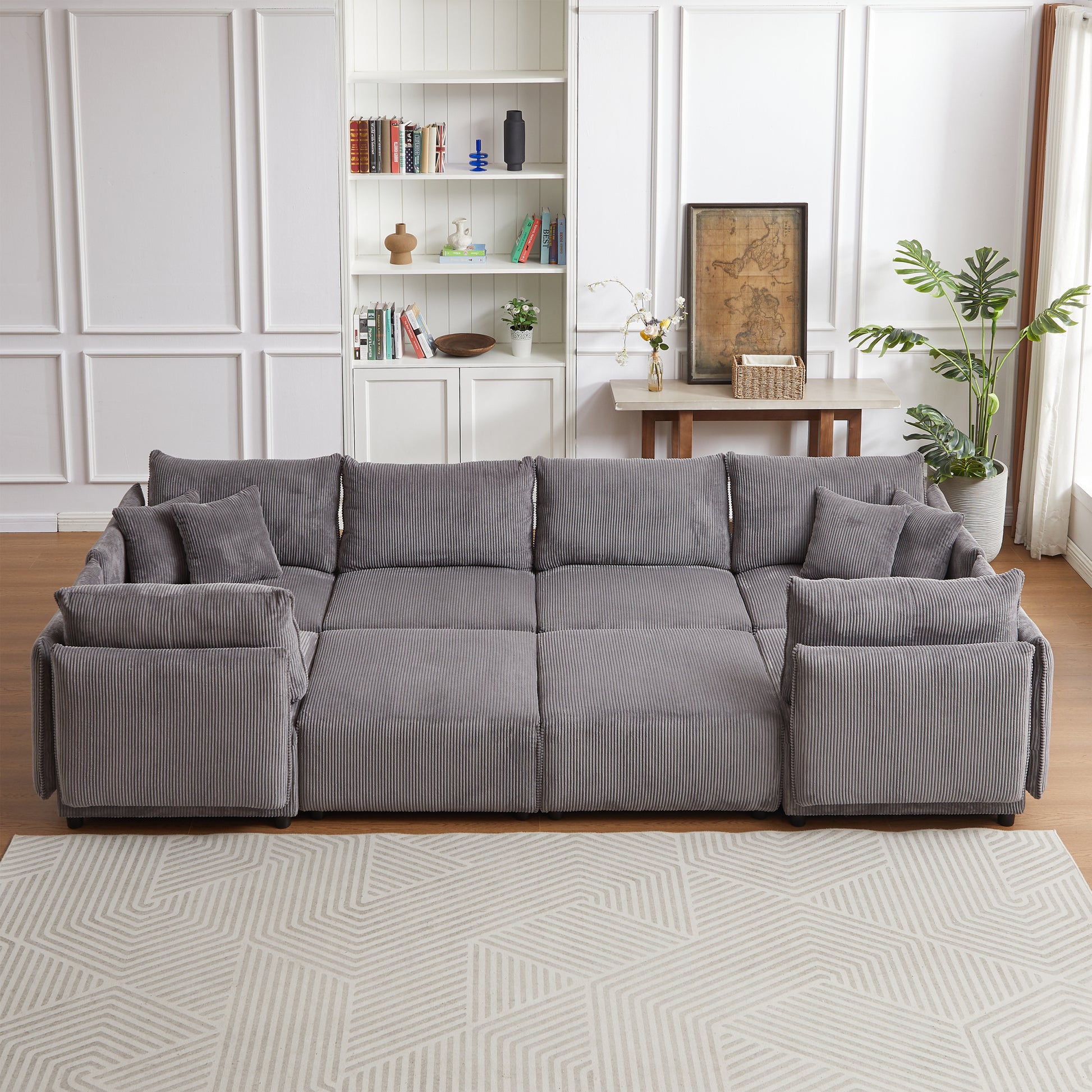 Multi Module Combination Style Sofa For Living Room, Bedroom And Other Lounge Spaces, Modern Minimalist Corduroy Combination Sofa With 2 Comfort Cushions With Usb & C Charging Ports,Gray,Two Sets Gray Foam Fabric 8 Seat