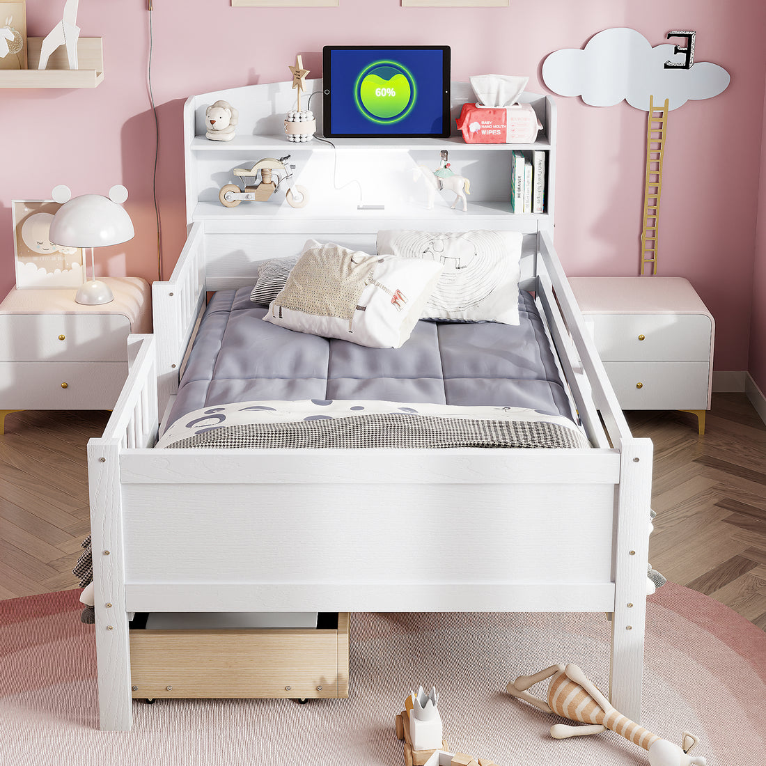 Wood Twin Size Platform Bed With Built In Led Light, Multi Functional Headboard, Guardrail And 2 Drawers, White Expected Arrival Time: 3.15 Box Spring Not Required Twin White Wood Bedroom Bed Frame