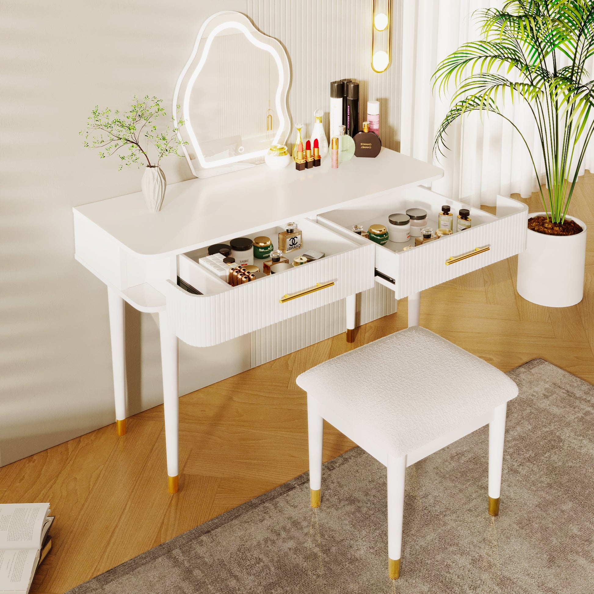 40" Modern Vanity Table Set With Mirror Touch Screen Lighted Mirror, Dressing Table And Cushioned Stool Set With 2 Large Drawers, White White 2 Drawers Rubberwood Mdf,Rubber Wood,Tempered Glass