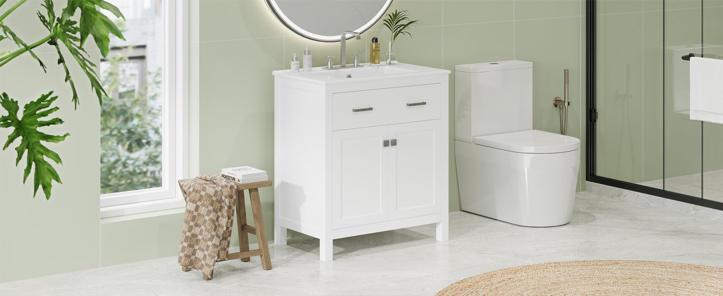 30 Inch Bathroom Vanity With Ceramic Sink, Modern White Single Bathroom Cabinet With 2 Doors And A Shelf, Soft Close Doors White Bathroom Solid Wood Mdf