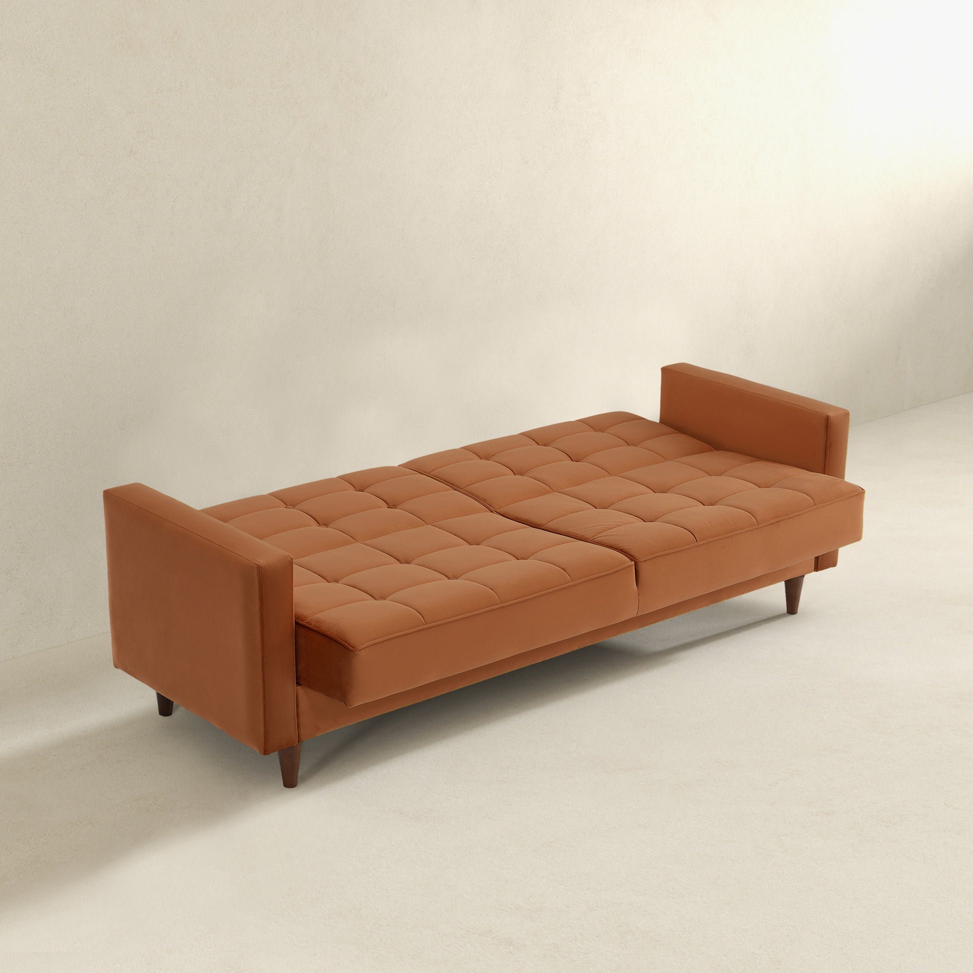 Benara Burnt Orange Velvet Sleeper Sofa Burnt Orange Velvet Primary Living Space Tufted Back Mid Century Modern Foam Velvet 3 Seat