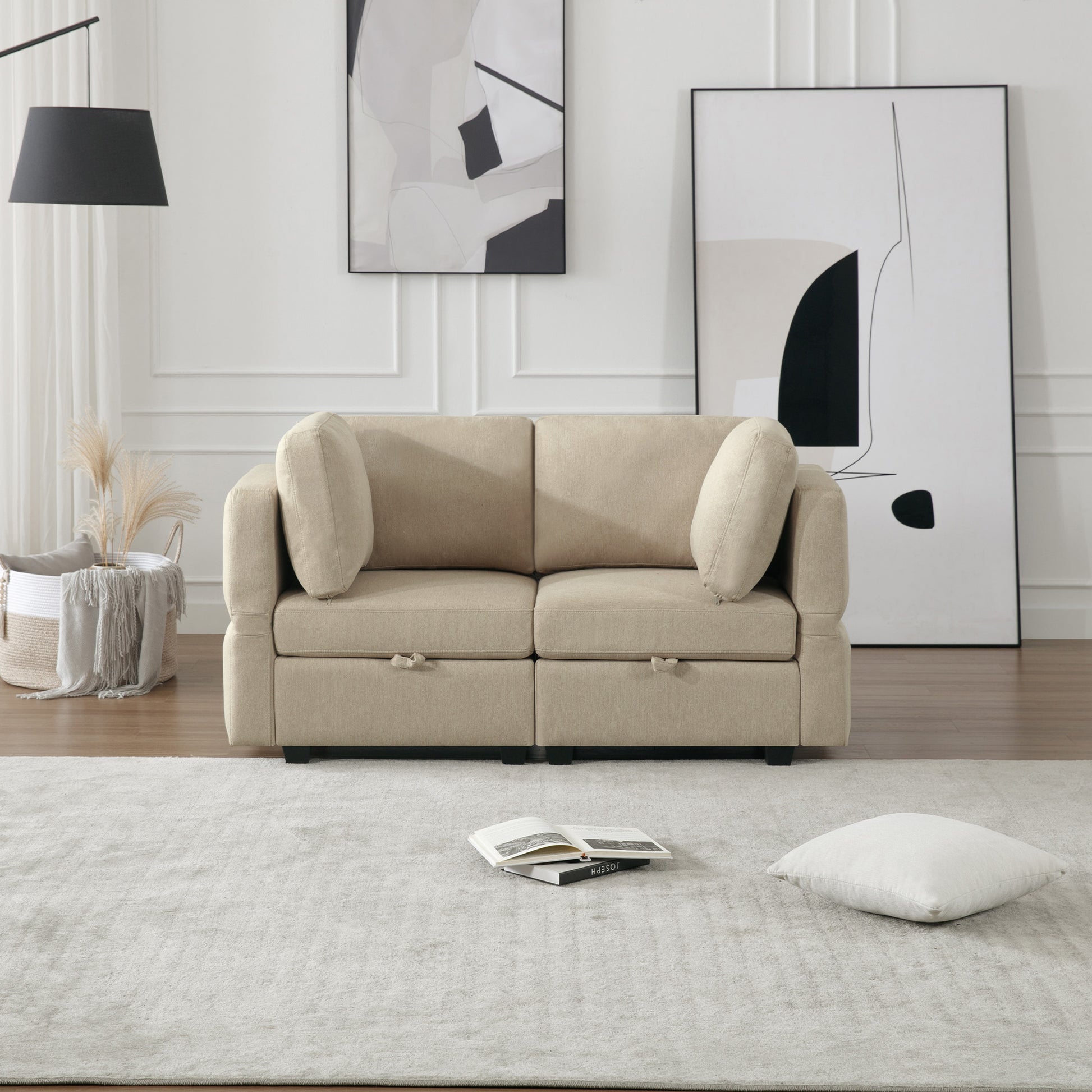 Contemporary Modern Chic Upholstered Fabric Sofa With Storage Seats And Storage Ottomans, 2 Seater Sofa Fabric Couch With Adjustable Arms And Backs For Living Room Beige Beige Polyester 2 Seat