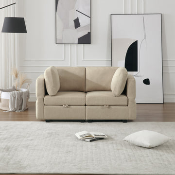 Contemporary Modern Chic Upholstered Fabric Sofa With Storage Seats And Storage Ottomans, 2 Seater Sofa Fabric Couch With Adjustable Arms And Backs For Living Room Beige Beige Polyester 2 Seat