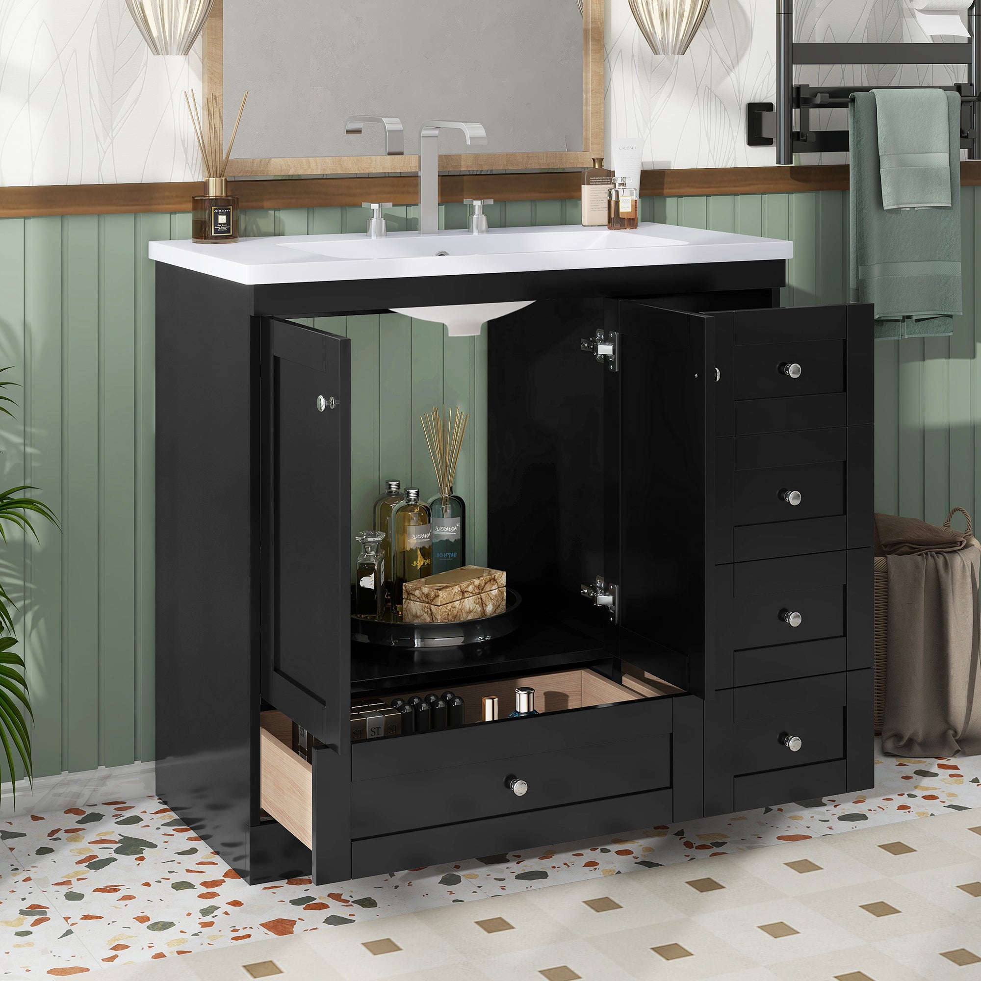 Video 36 Inch Shaker Style Free Standing Bathroom Vanity Cabinet With Sink, 4 Soft Close Drawers And 2 Soft Close Doors Black Bathroom Mdf