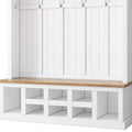 Farmhouse Wooden Style 78''H Modern Hall Tree With Wide Storage Seating Bench, Entryway Shoe Cabinet With 13 Compartments, Elegant Coat Rack With 6 Hooks For Mudroom, Living Room, White White Primary Living Space Particle Board