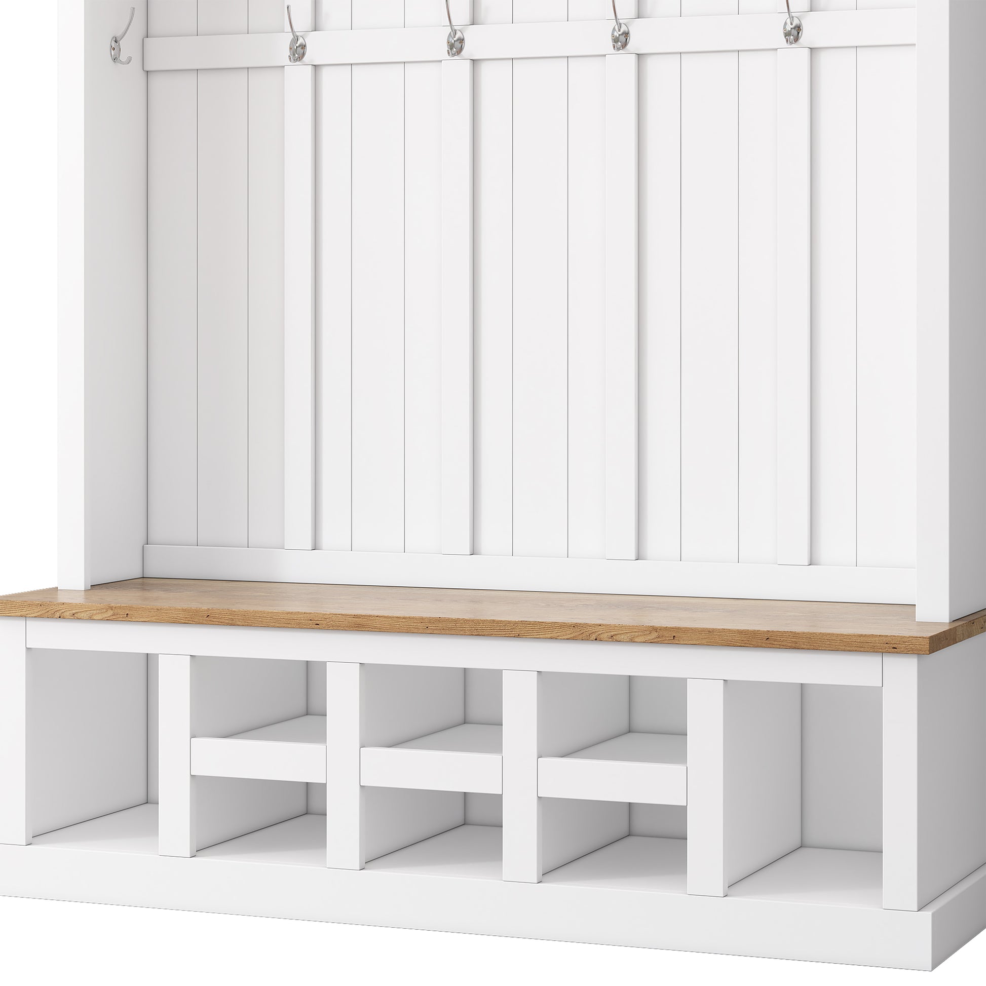 Farmhouse Wooden Style 78''H Modern Hall Tree With Wide Storage Seating Bench, Entryway Shoe Cabinet With 13 Compartments, Elegant Coat Rack With 6 Hooks For Mudroom, Living Room, White White Primary Living Space Particle Board