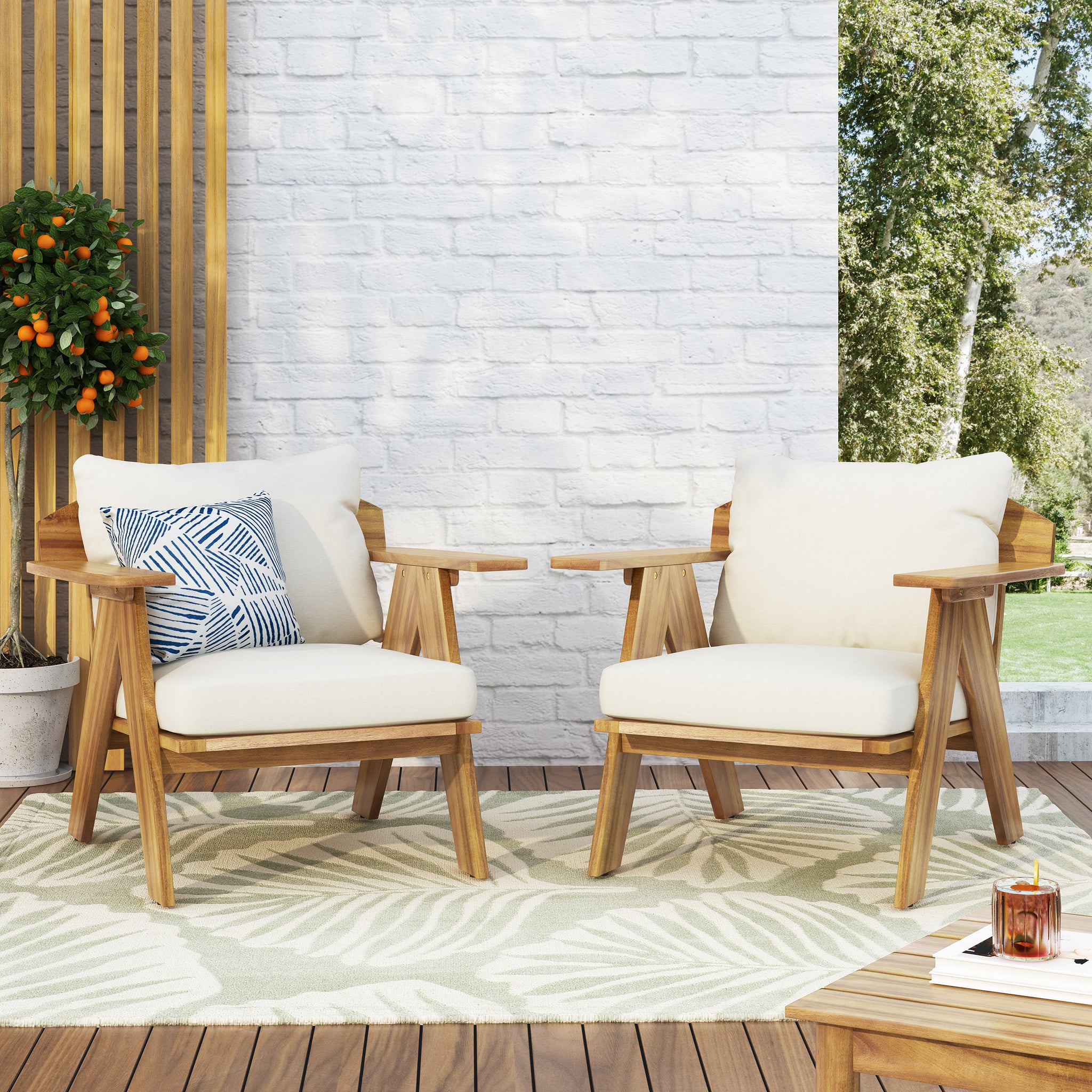 Outdoor Acacia Wood Club Chairs With Cushions Set Of 2 , Teak Finish Beige, 30.75" W X 30.25" D X 26.00" H Beige Acacia Wood