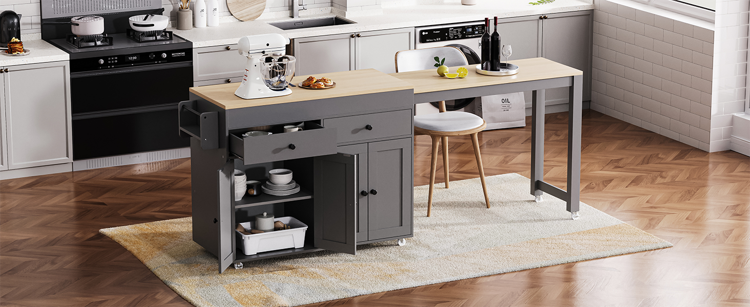 K&K 74.5 Inch Kitchen Island With Extendable Dining Tablerolling Kitchen Island On Wheels With Spice Rack And 2 Drawers, Kitchen Storage Cart With 4 Door Cabinet, For Kitchen, Dining Room, Grey Grey