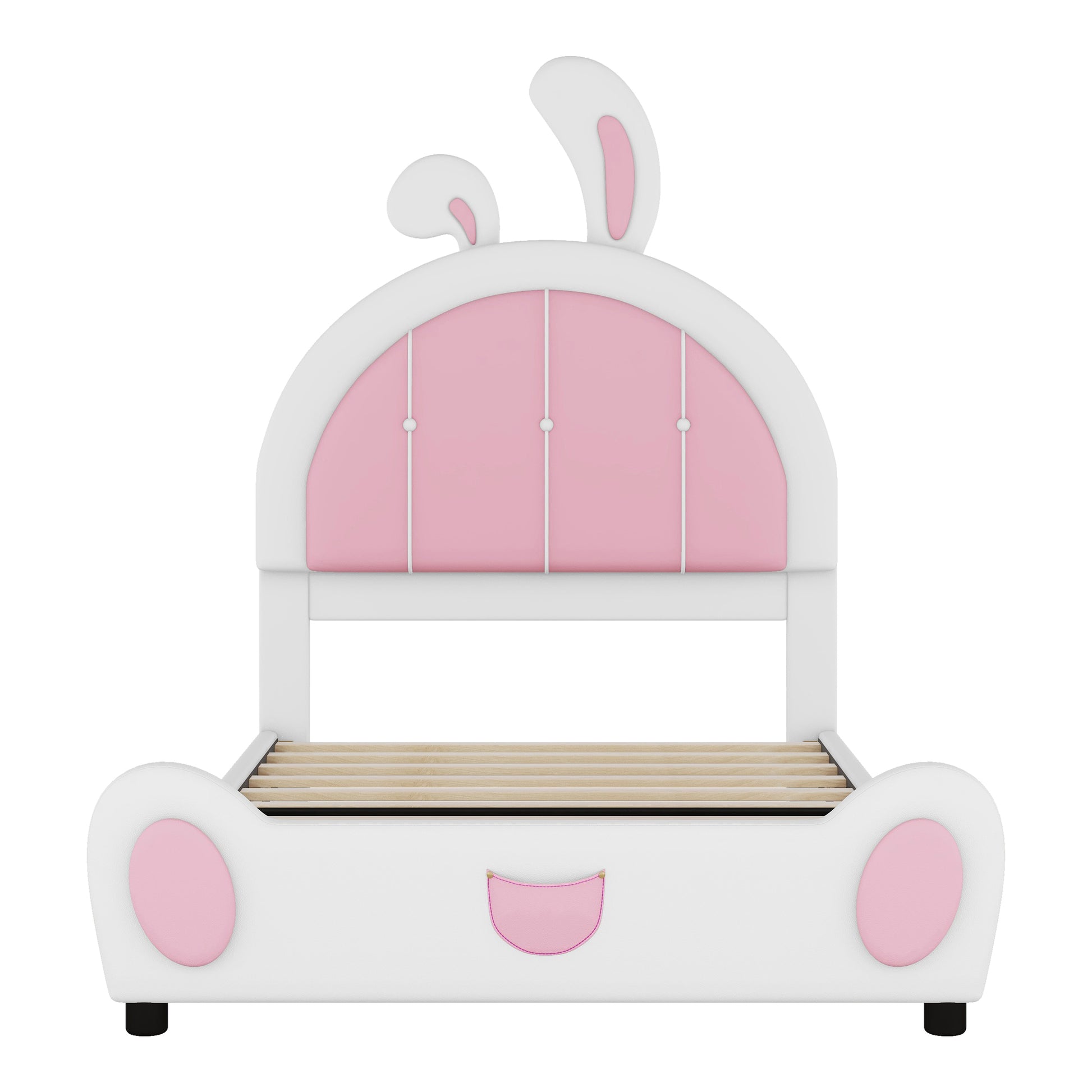 Twin Size Upholstered Platform Bed With Rabbit Shaped Headboard, White Box Spring Not Required Twin White Pink Wood Bedroom Bed Frame Faux Leather Upholstered