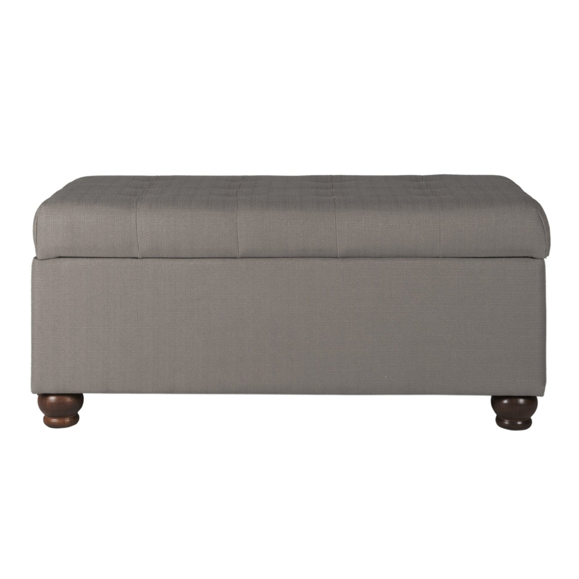 Textured Fabric Upholstered Button Tufted Storage Bench With Wooden Bun Feet, Gray And Brown Grey Brown Wood Fabric