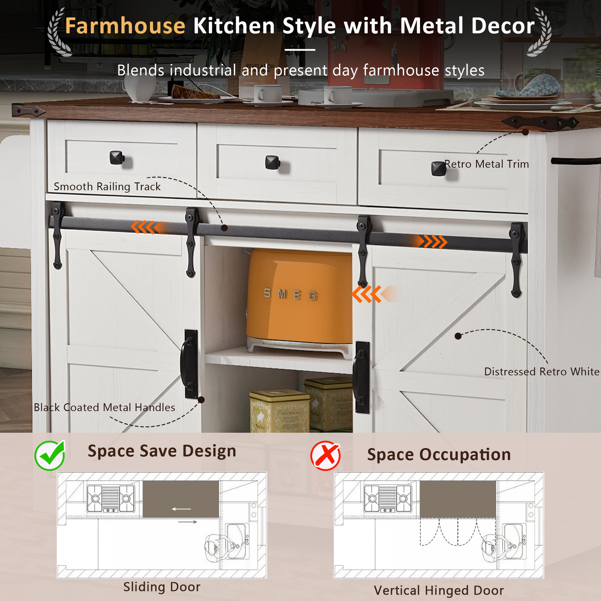 K&K 53.7" Farmhouse Kitchen Island With Power Outlet, 2 Sliding Barn Door Kitchen Storage Island With Drop Leaf, Spice Rack Rolling Kitchen Cart On Wheels, For Home, Kitchen And Dining Room, White