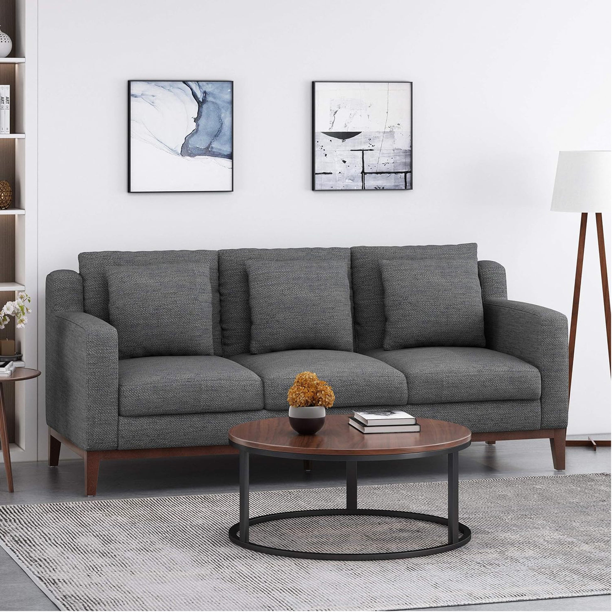 Mirod Comfy 3 Seat Sofa With Wooden Legs, Modern For Living Room And Study Charcoal Fabric 3 Seat