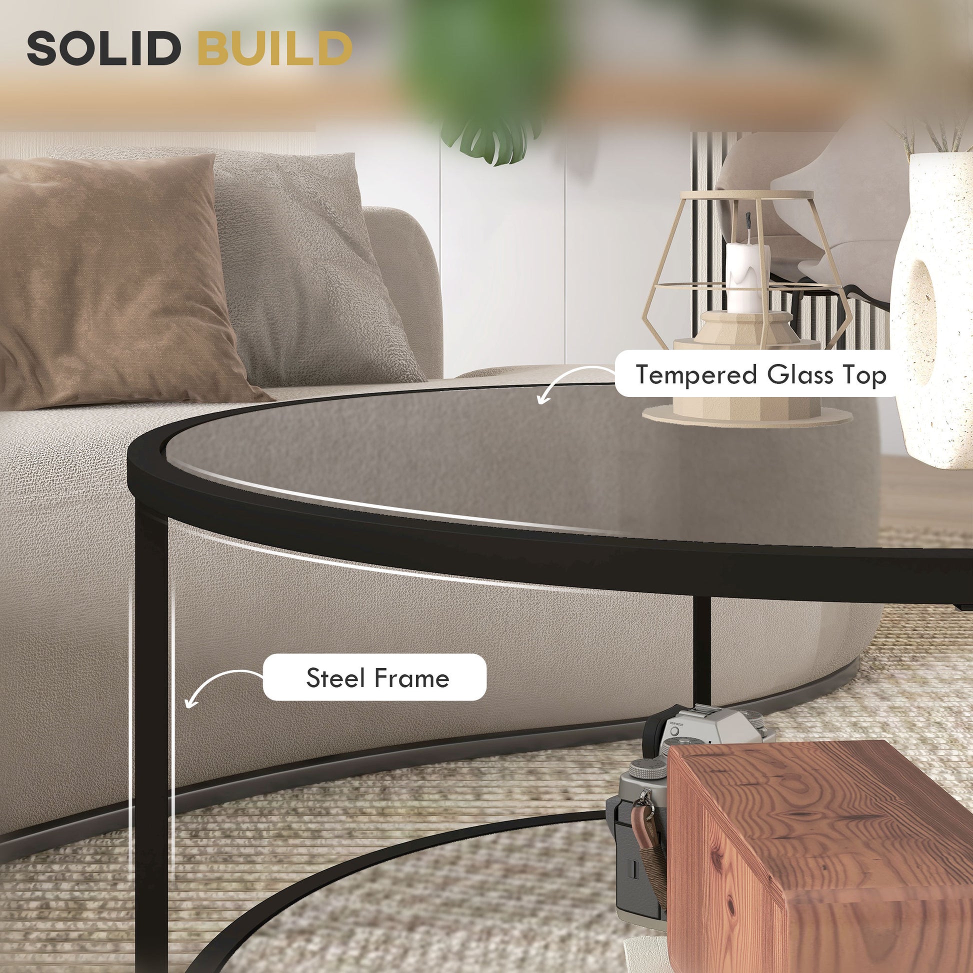 Homcom Side Table With Storage, 26" Round End Table, 2 Tier Tempered Glass Coffee Table With Steel Frame For Living Room, Black Black Glass Metal