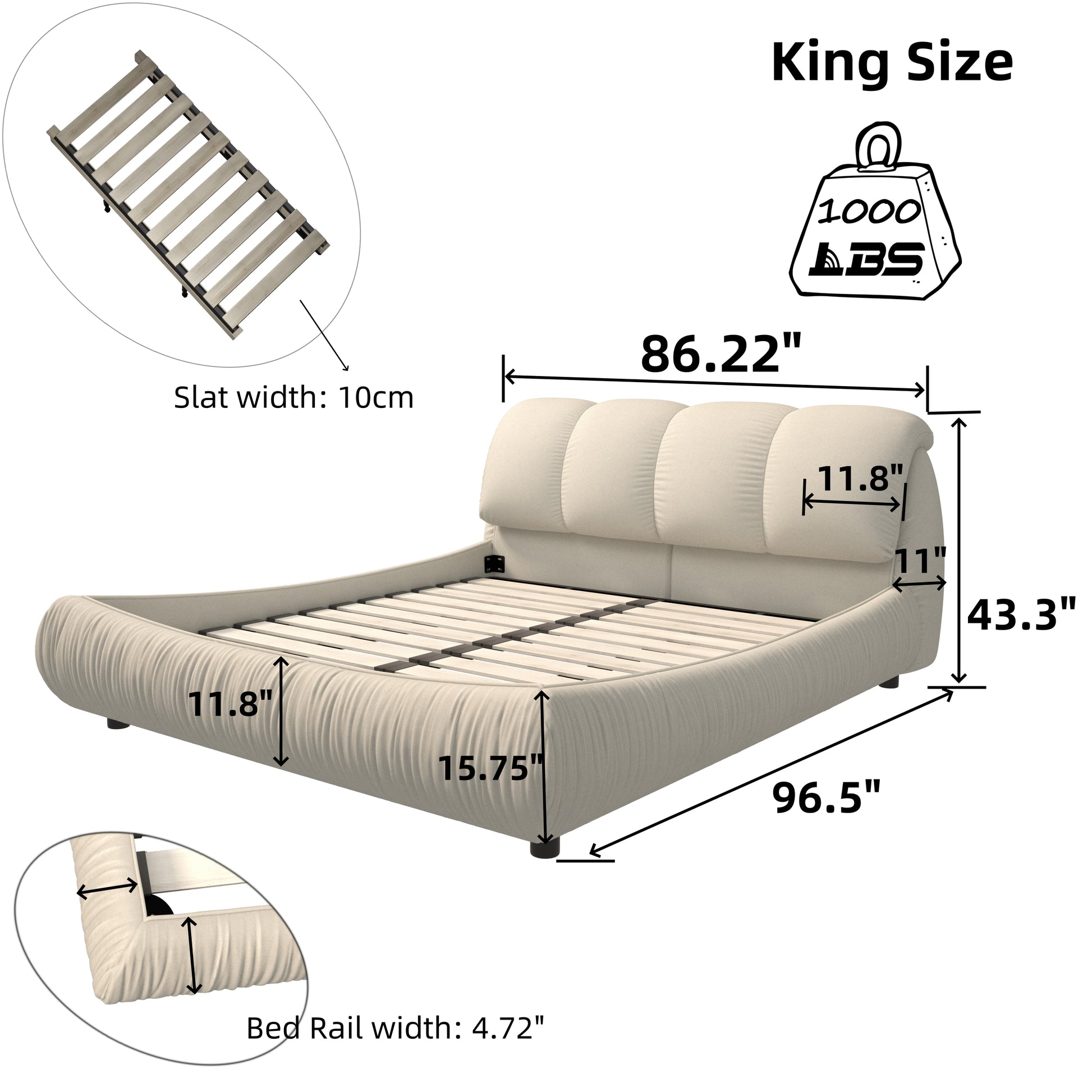 King Size Luxury Upholstered Platform Bed With Oversized Padded Backrest And Solid Wood Frame,Suitable For Multiple Heights Of Mattresses,Beige Old Sku:W1885S00015 Box Spring Not Required King Beige Wood Pine Solid Wood
