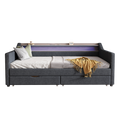 Twin Size Daybed With 2 Storage Drawers And 2 Tier Shelf & Usb Type C Port, Modern Linen Upholstered Sofa Day Bed Frame With Smart Led Light For Livingroom, Apartment, Dark Grey Box Spring Not