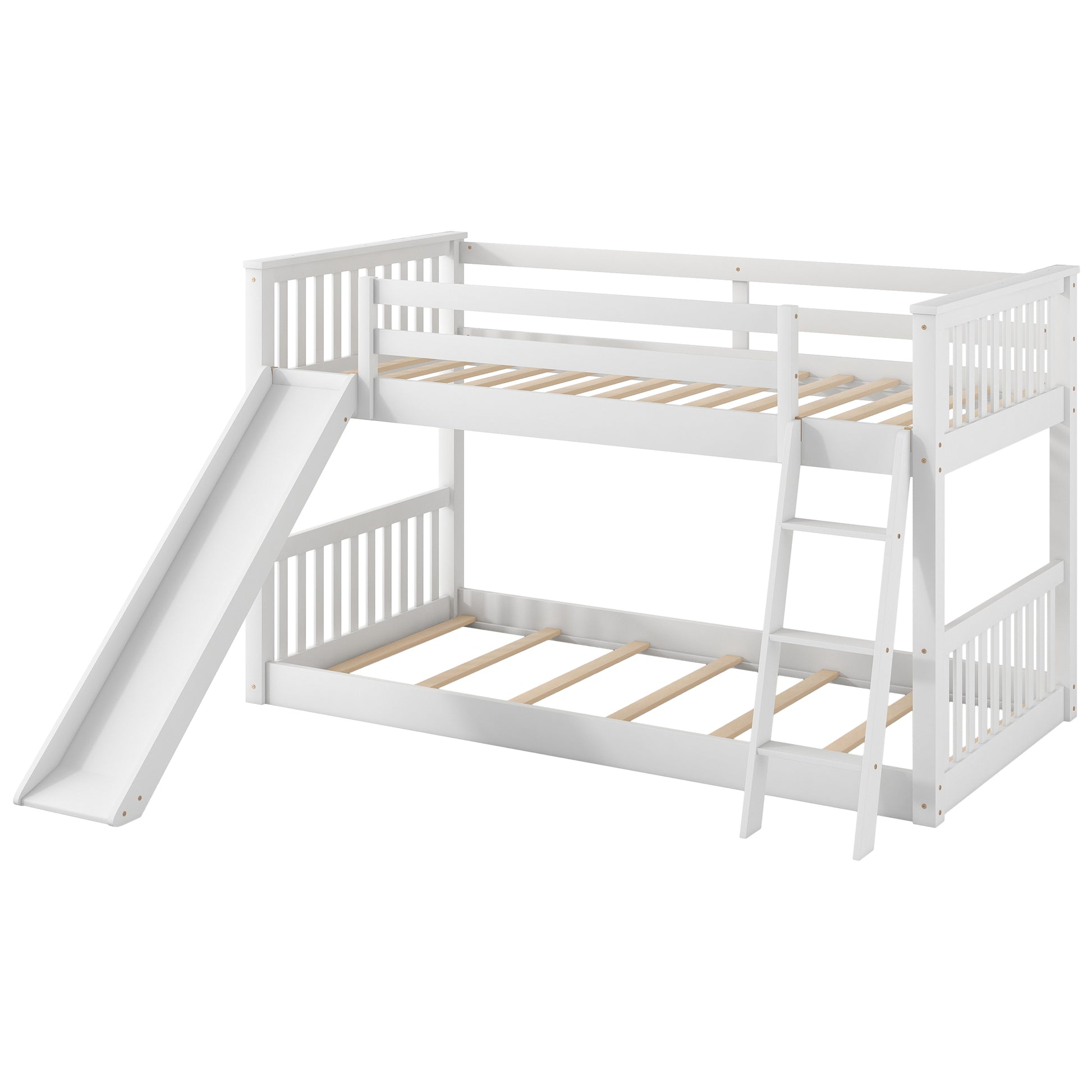 Twin Over Twin Bunk Bed With Convertible Slide And Ladder, White Old Sku: Sm000213 Box Spring Not Required Twin White Wood Bedroom Bunk Pine