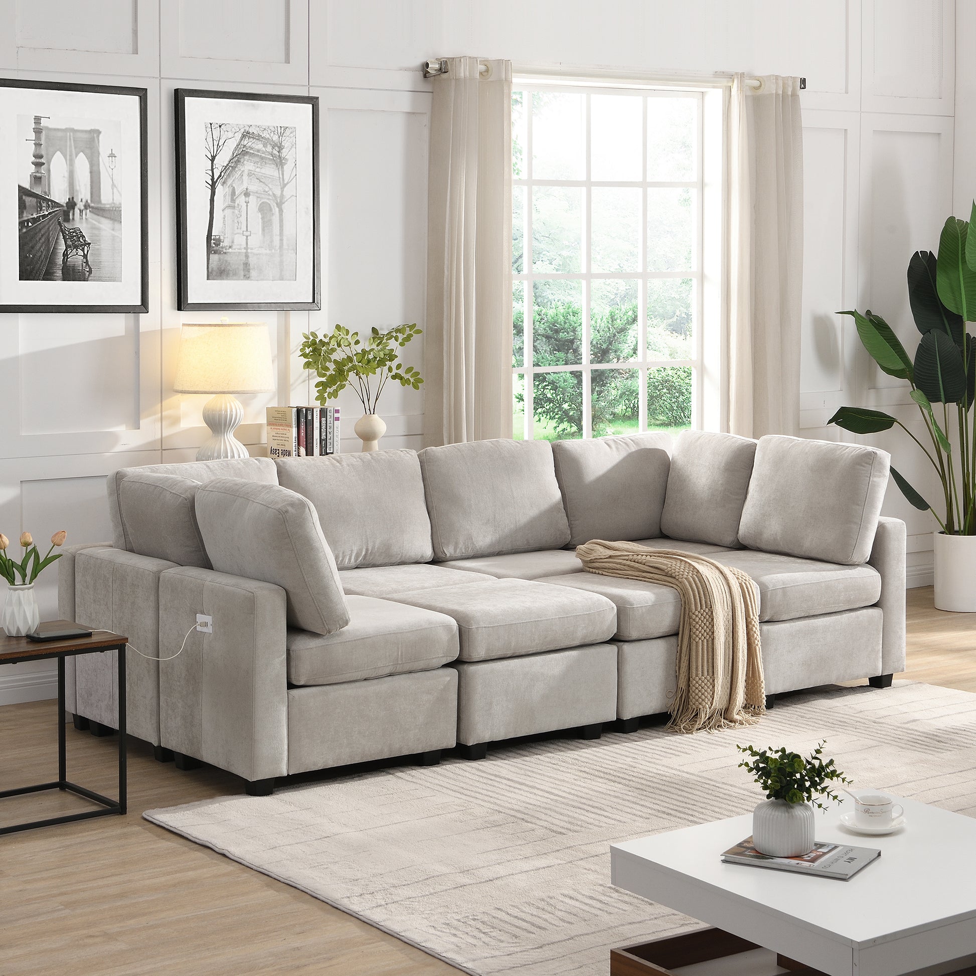 103" Sectional Sofa Couch Sofa Bed U Shaped Sofa With Two Movable Ottoman And Three Usb Ports For Living Room, Grey Grey Foam Chenille 6 Seat