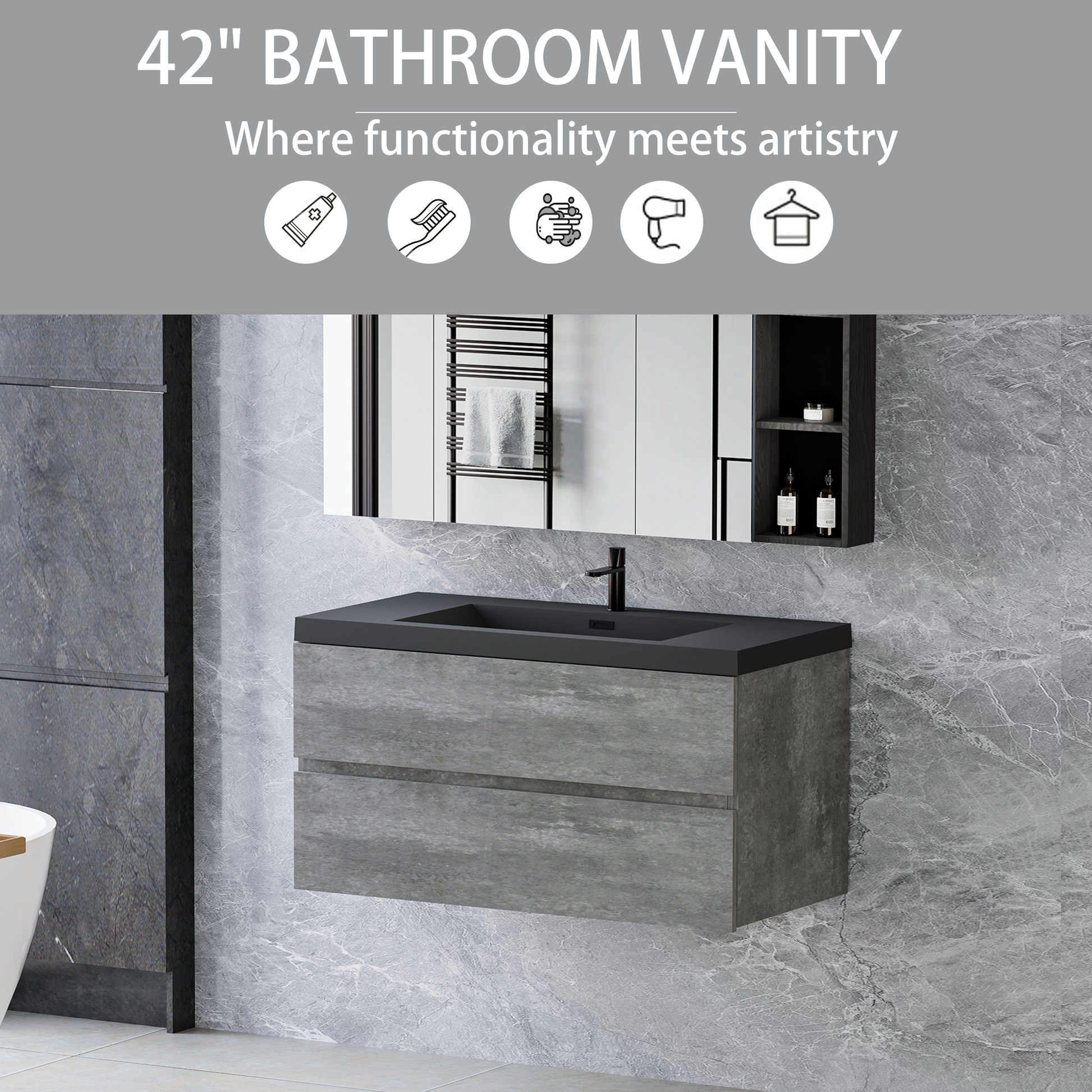 42" Floating Bathroom Vanity With Sink, Modern Wall Mounted Bathroom Storage Vanity Cabinet With Black Quartz Sand Top Basin And Soft Close Drawers, Grey 24V12 42Gr 2 Grey Wall Mounted Melamine