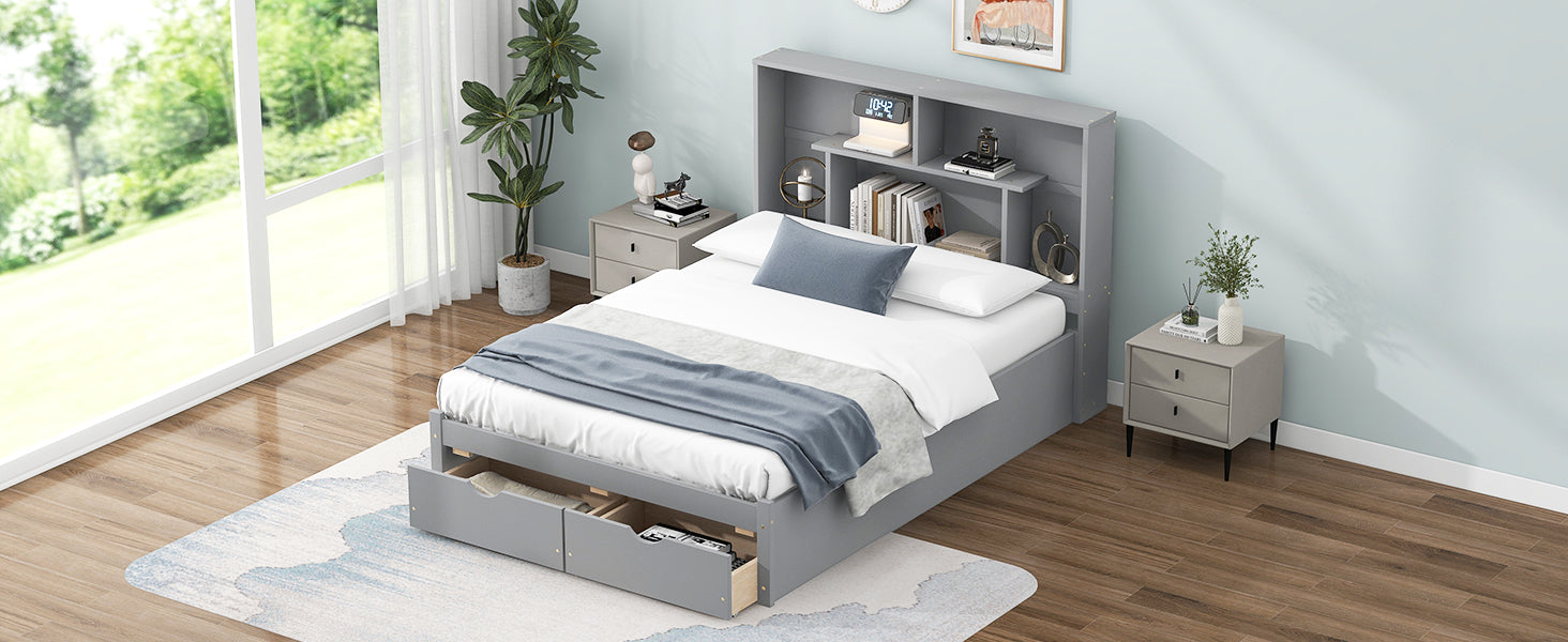 Full Size Platform Bed With Storage Headboard And 2 Drawers, Gray Box Spring Not Required Full Gray Wood Bedroom Bed Frame Solid Wood Mdf