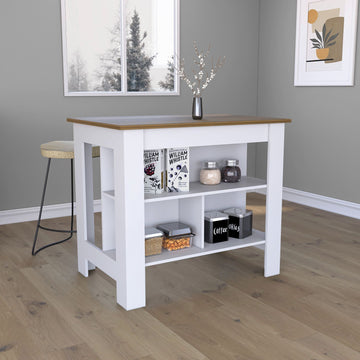 Kitchen Island, Kitchen Table 35" H, Four Legs, Three Open Storage Shelves, White Walnut Multicolor Particle Board Particle Board