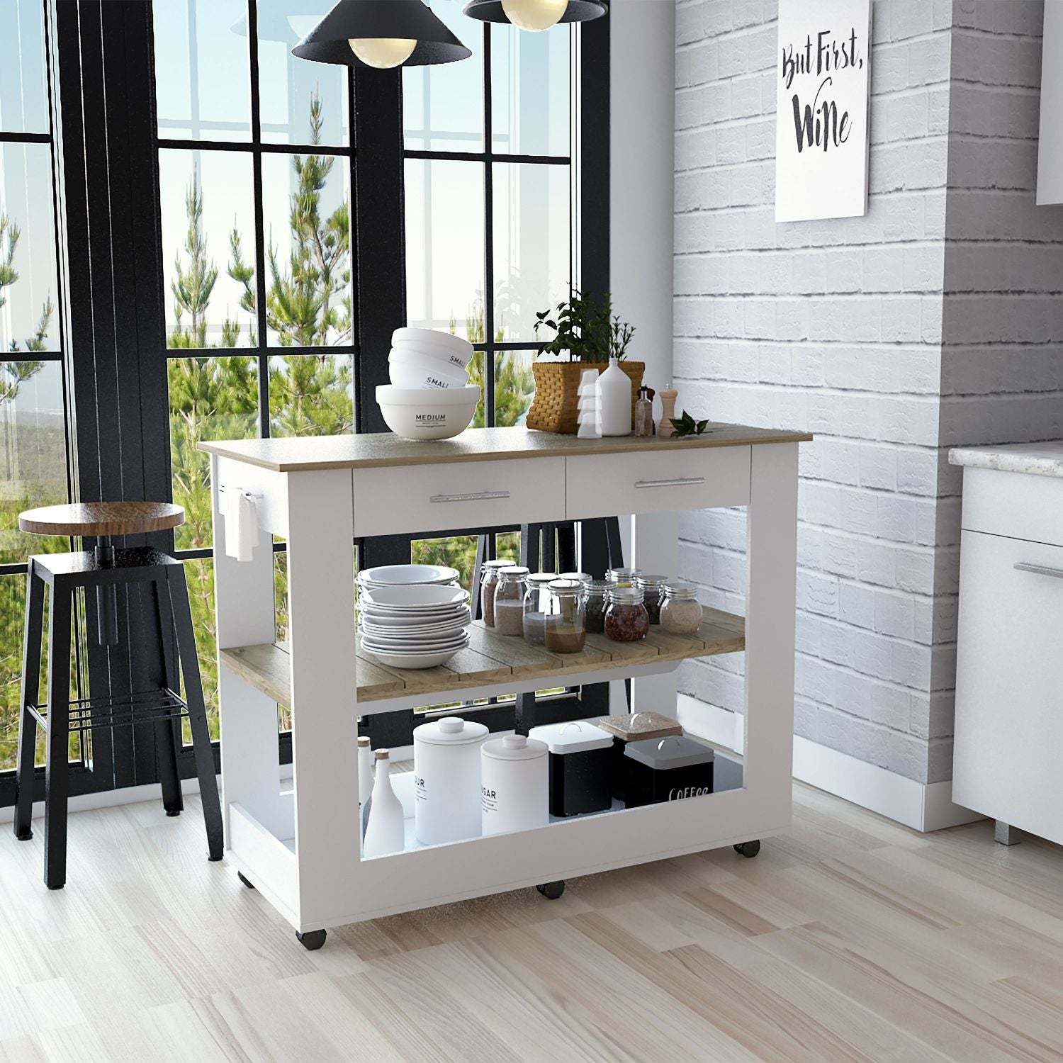 Kitchen Island 36" H, Six Casters, Two Drawers, Two Open Storage Shelves, Towel Hanger, White Light Oak Multicolor Particle Board Particle Board