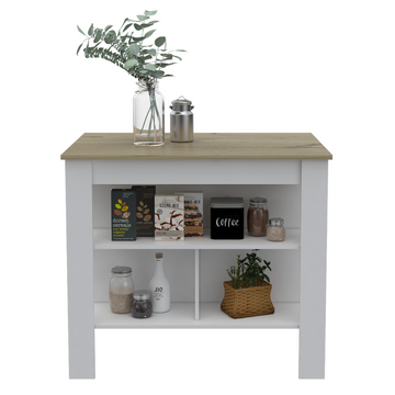 Kitchen Island, Kitchen Table 35" H, Three Open Storage Shelves, Four Legs, White Light Oak Multicolor Particle Board Particle Board