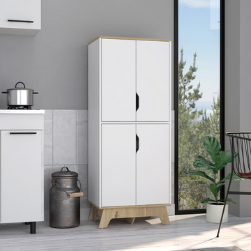 Multistorage Cabinet 59" H, Four Doors, Four Internal Shelves, Light Oak White Multicolor Particle Board Particle Board