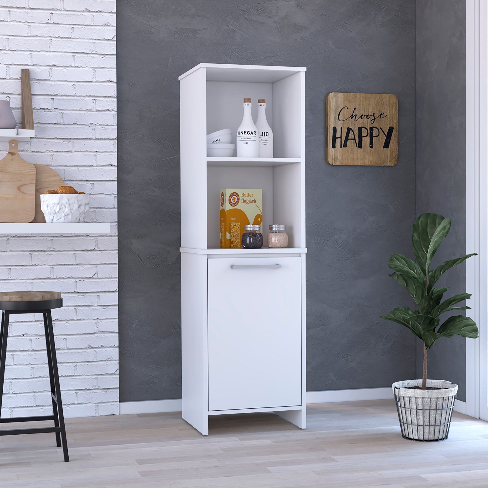 Eiffel Kitchen Pantry, Two External Shelves, Single Door Cabinet, Two Interior Shelves White White White Particle Board Particle Board