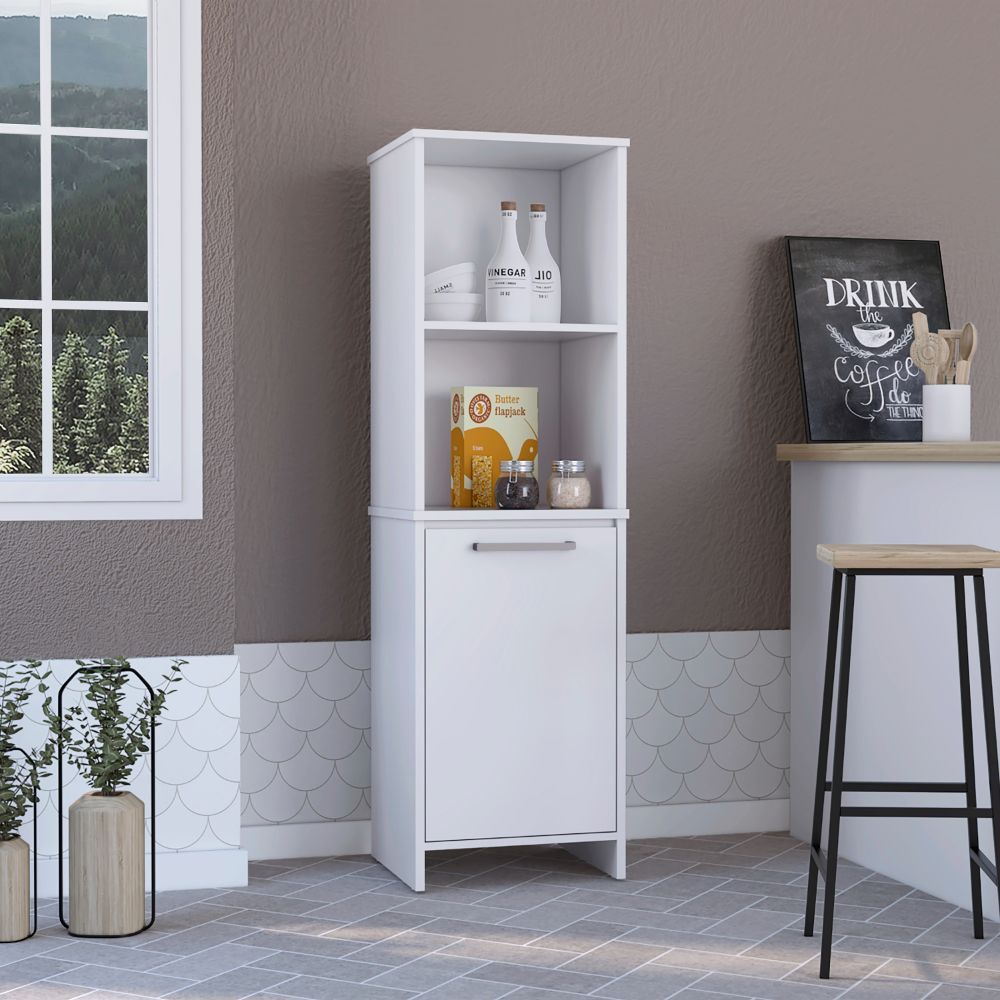 Kitchen Pantry 59" H, Two Open Storage Shelves, Single Door Cabinet, Two Interior Shelves, White White Particle Board Particle Board