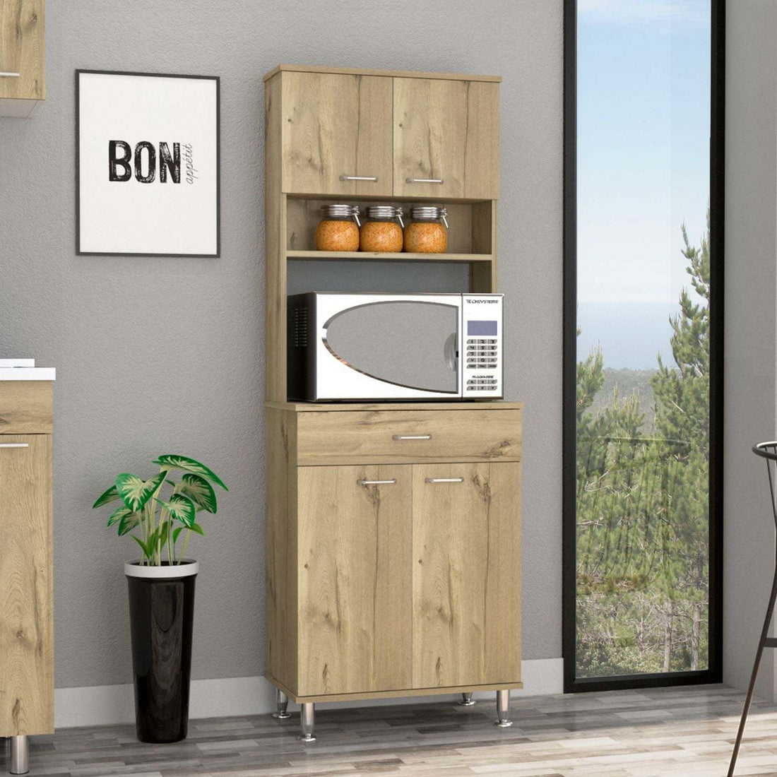 Pantry Cabinet 67" H, Four Doors, One Drawer, Three Internal Shelves, 2 External Storage Shelves, Microwave Storage Option, Four Legs, Light Oak Beige Particle Board Particle Board